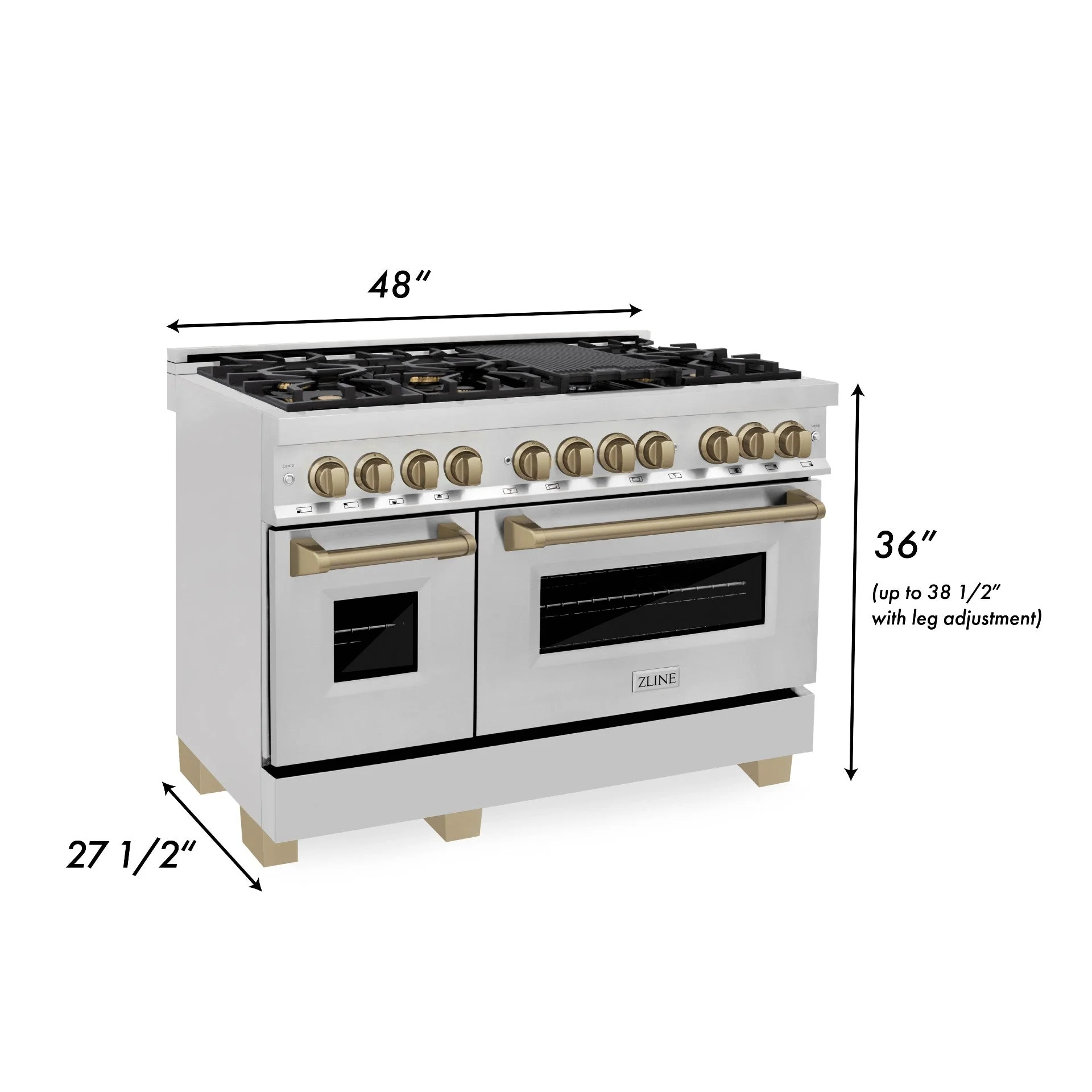 ZLINE 4-Piece Appliance Package - 48-Inch Legacy Autograph Dual Fuel Range, Wall Mount Range Hood, 36-Inch French Door Refrigerator, Dishwasher, in Stainless Steel with Champagne Bronze Accents - Image 7
