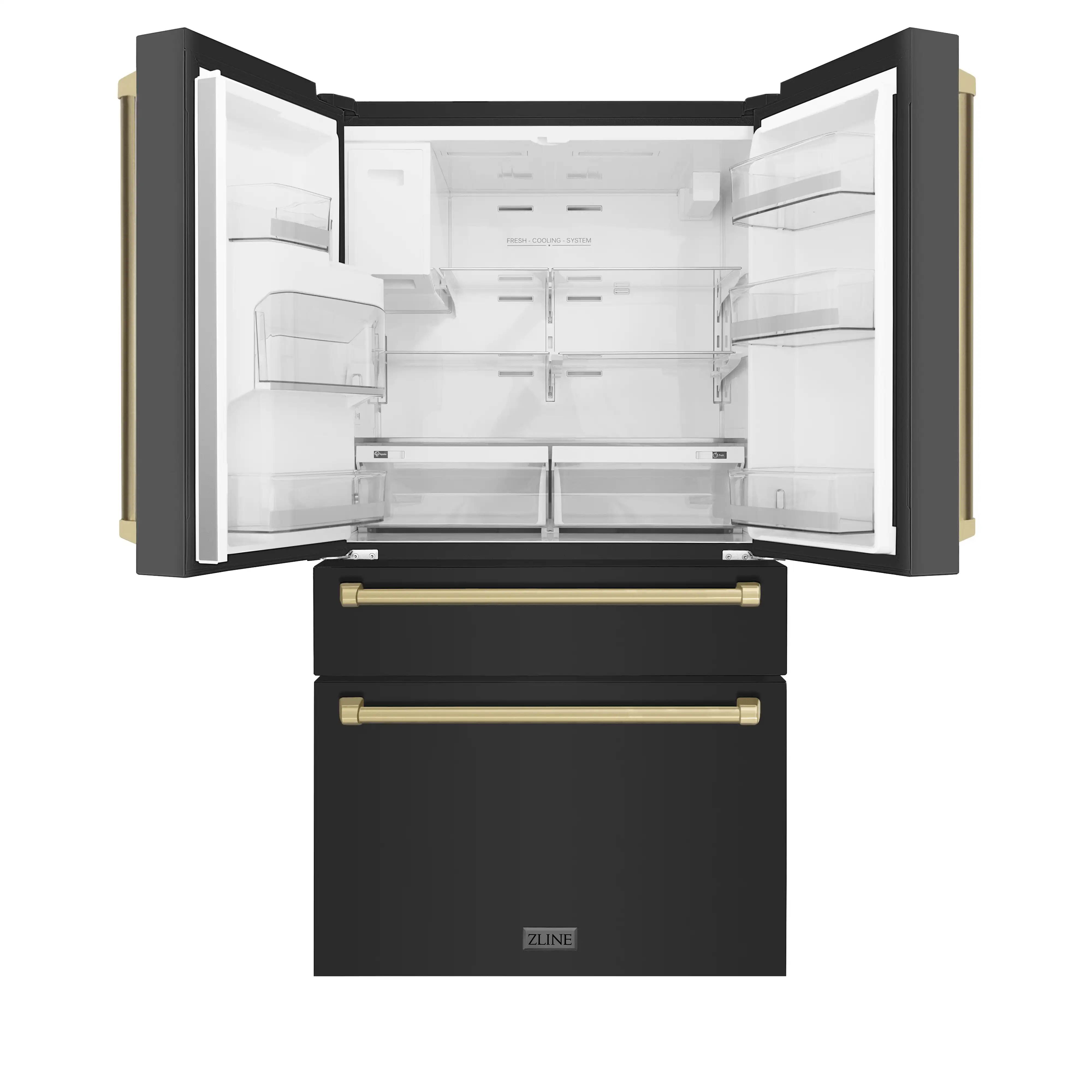 ZLINE 4-Piece Appliance Package - 48-Inch Legacy Dual Fuel Range, Wall Mount Range Hood, 36-Inch French Door Refrigerator with Water Dispenser, Dishwasher, in Black Stainless Steel with Champagne Bronze Accents - Image 27