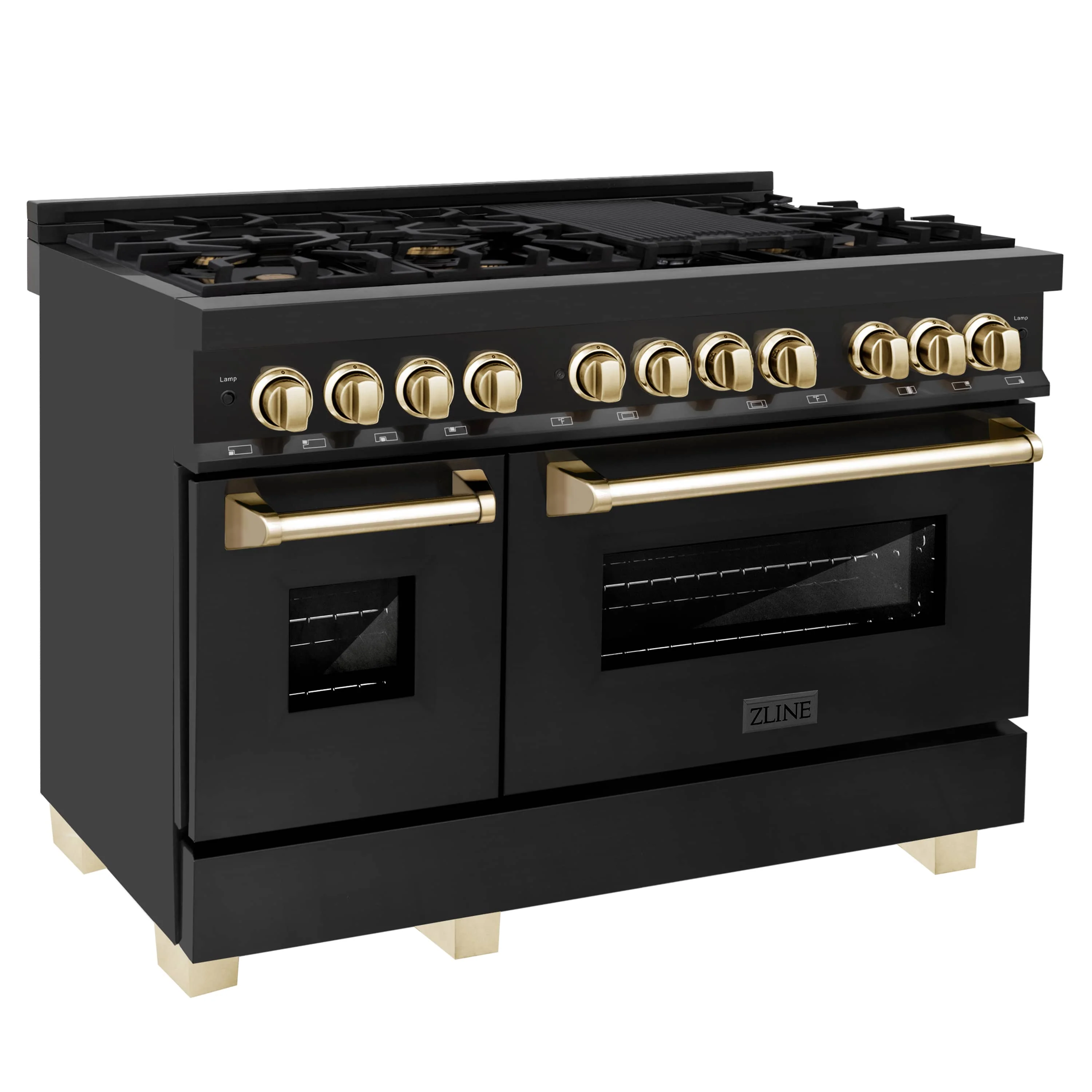 ZLINE 4-Piece Appliance Package - 48-Inch Legacy Dual Fuel Range, Wall Mount Range Hood, 36-Inch French Door Refrigerator with Water Dispenser, Dishwasher, in Black Stainless Steel with Gold Accents - Image 5