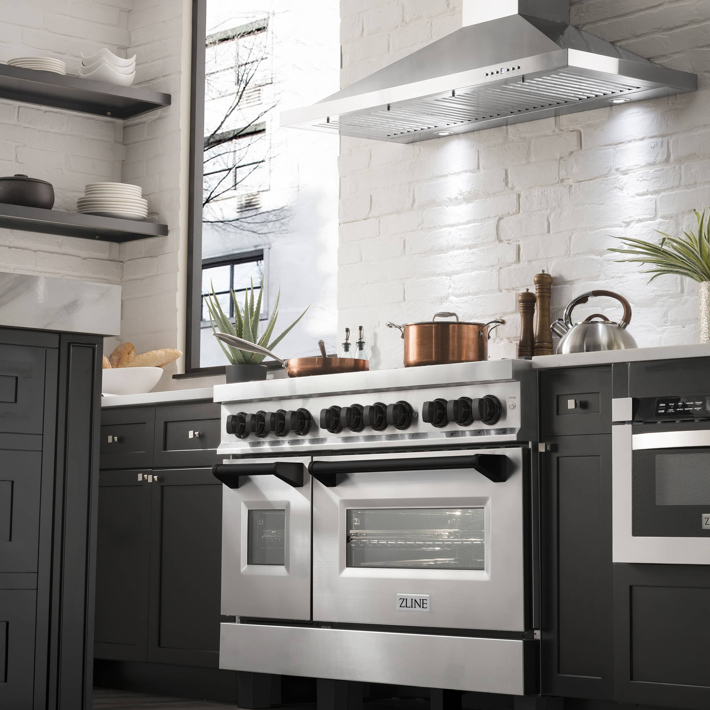 ZLINE 4-Piece Appliance Package - 48-Inch Legacy Autograph Dual Fuel Range, Wall Mount Range Hood, 36-Inch French Door Refrigerator with Water Dispenser, Dishwasher, in Stainless Steel with Matte Black Accents - Image 5