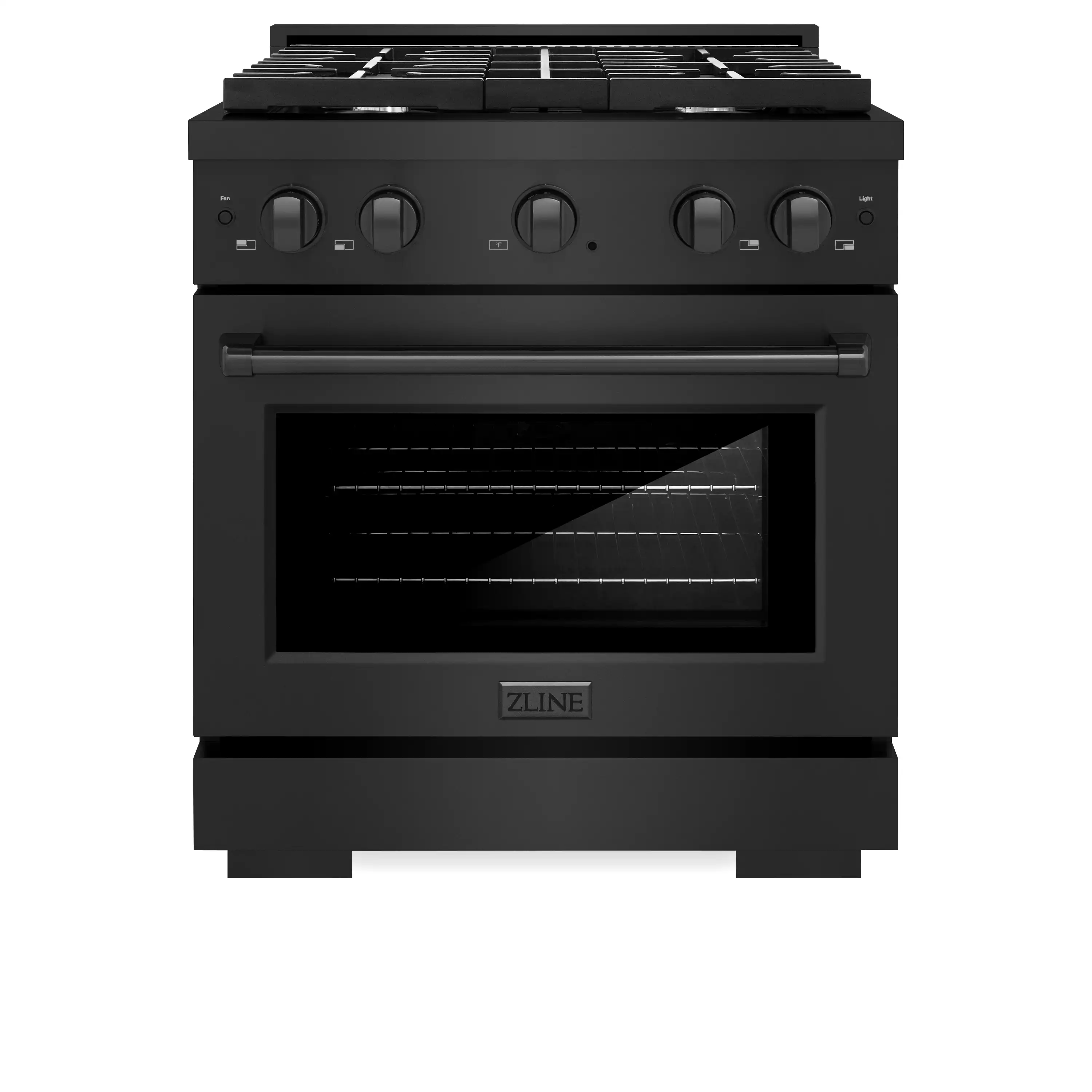 ZLINE 4-Piece Appliance Package - 30-Inch Gas Range, Refrigerator, Convertible Wall Mount Hood, and 3-Rack Dishwasher in Black Stainless Steel (4KPR-SGRBRH30-DWV) - Image 2