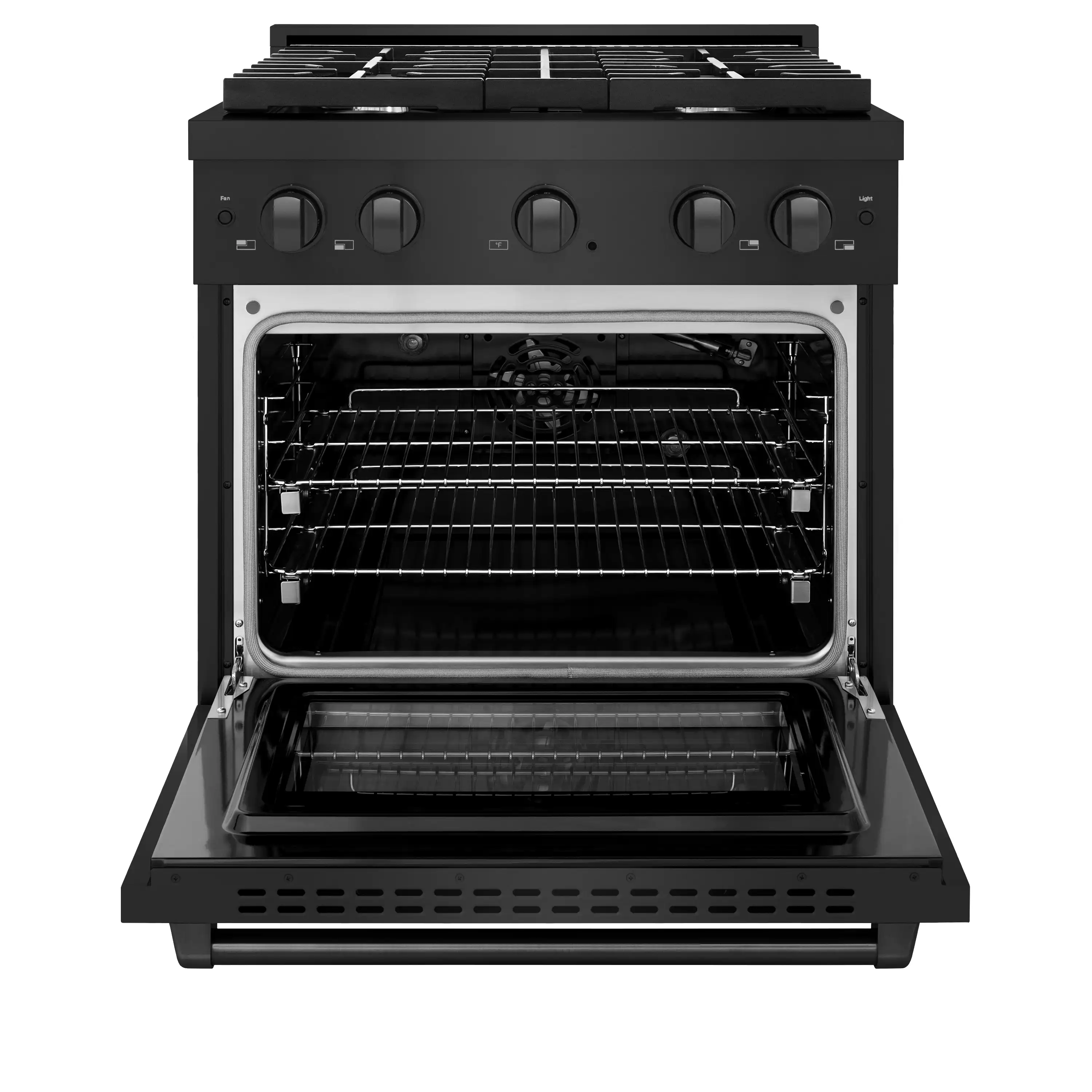 ZLINE 4-Piece Appliance Package - 30-Inch Gas Range, Refrigerator, Convertible Wall Mount Hood, and 3-Rack Dishwasher in Black Stainless Steel (4KPR-SGRBRH30-DWV) - Image 4
