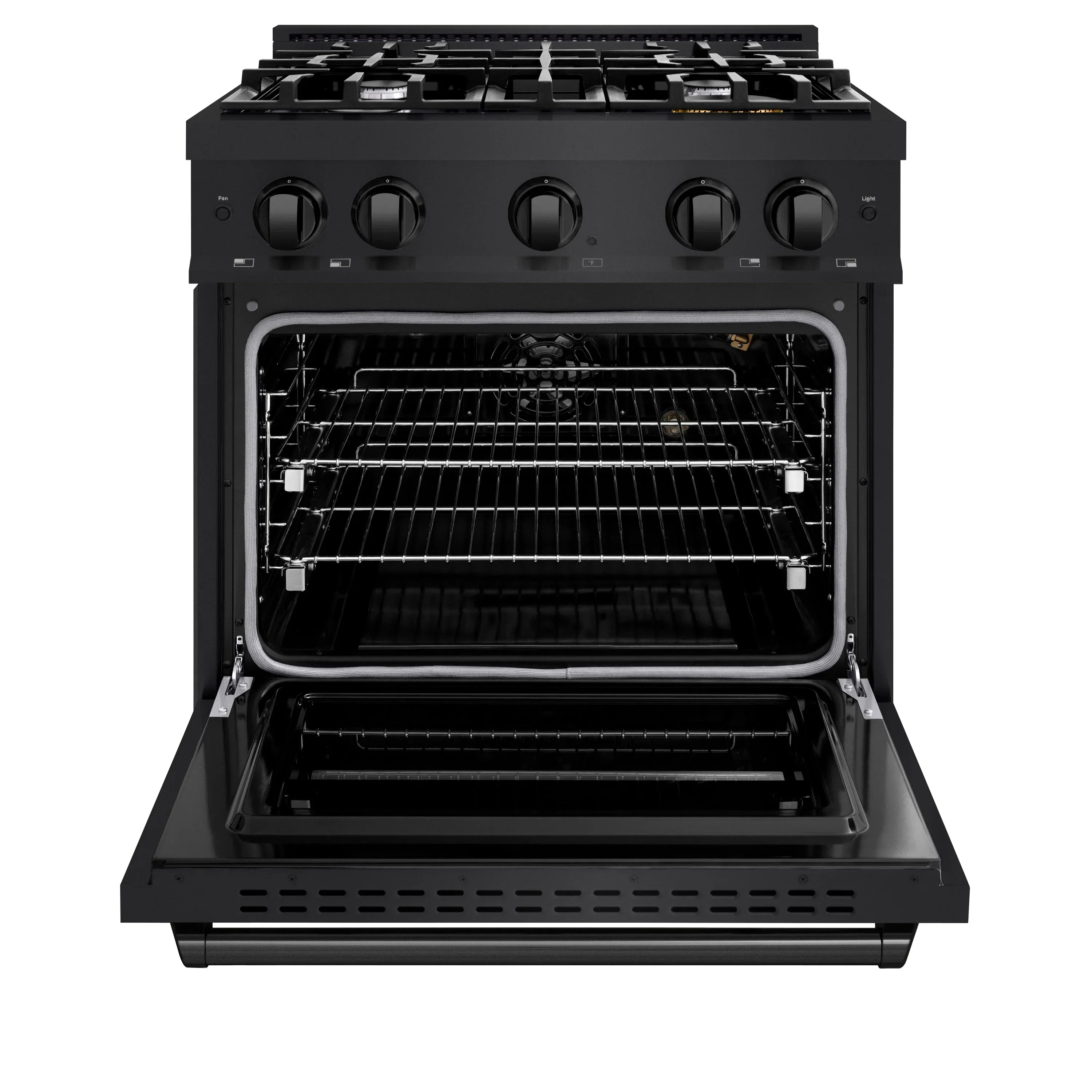 ZLINE 4-Piece Appliance Package - 30-Inch Gas Range, Hood, Refrigerator, and Dishwasher in Black Stainless Steel - Image 4