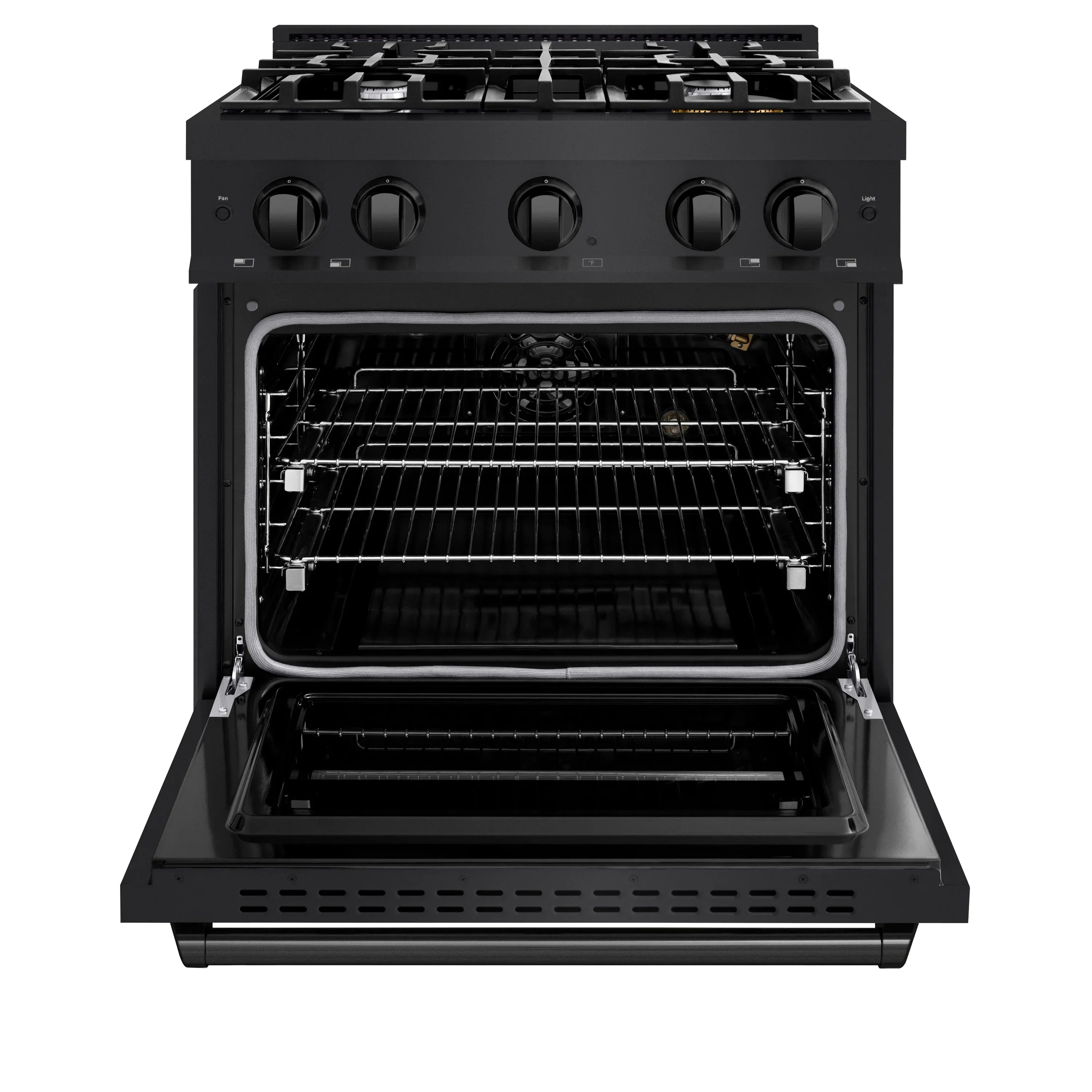 ZLINE 4-Piece Appliance Package - 30-Inch Gas Range, Hood, Refrigerator with Water Dispenser, and Dishwasher in Black Stainless Steel - Image 4