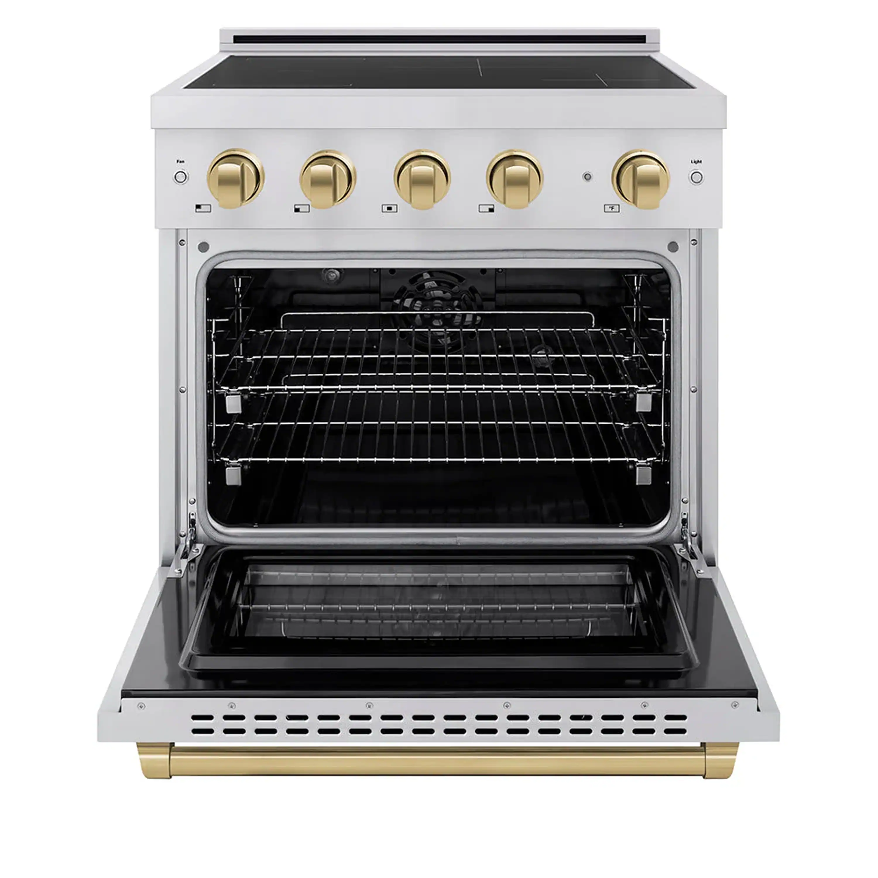 ZLINE 4-Piece Appliance Package - 30-Inch Paramount Induction Range,  Wall Mount Range Hood, Refrigerator with Water Dispenser, and Dishwasher in Stainless Steel with Champagne Bronze Trim - Image 3