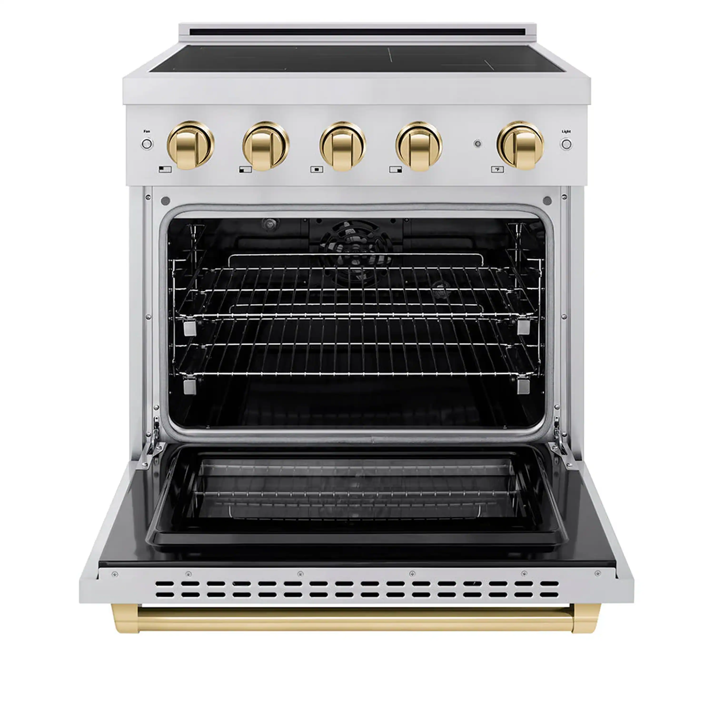 ZLINE 4-Piece Appliance Package - 30-Inch Paramount Induction Range, Wall Mount Range Hood, Refrigerator with Water Dispenser, and Dishwasher in Stainless Steel with Polished Gold Trim - Image 3
