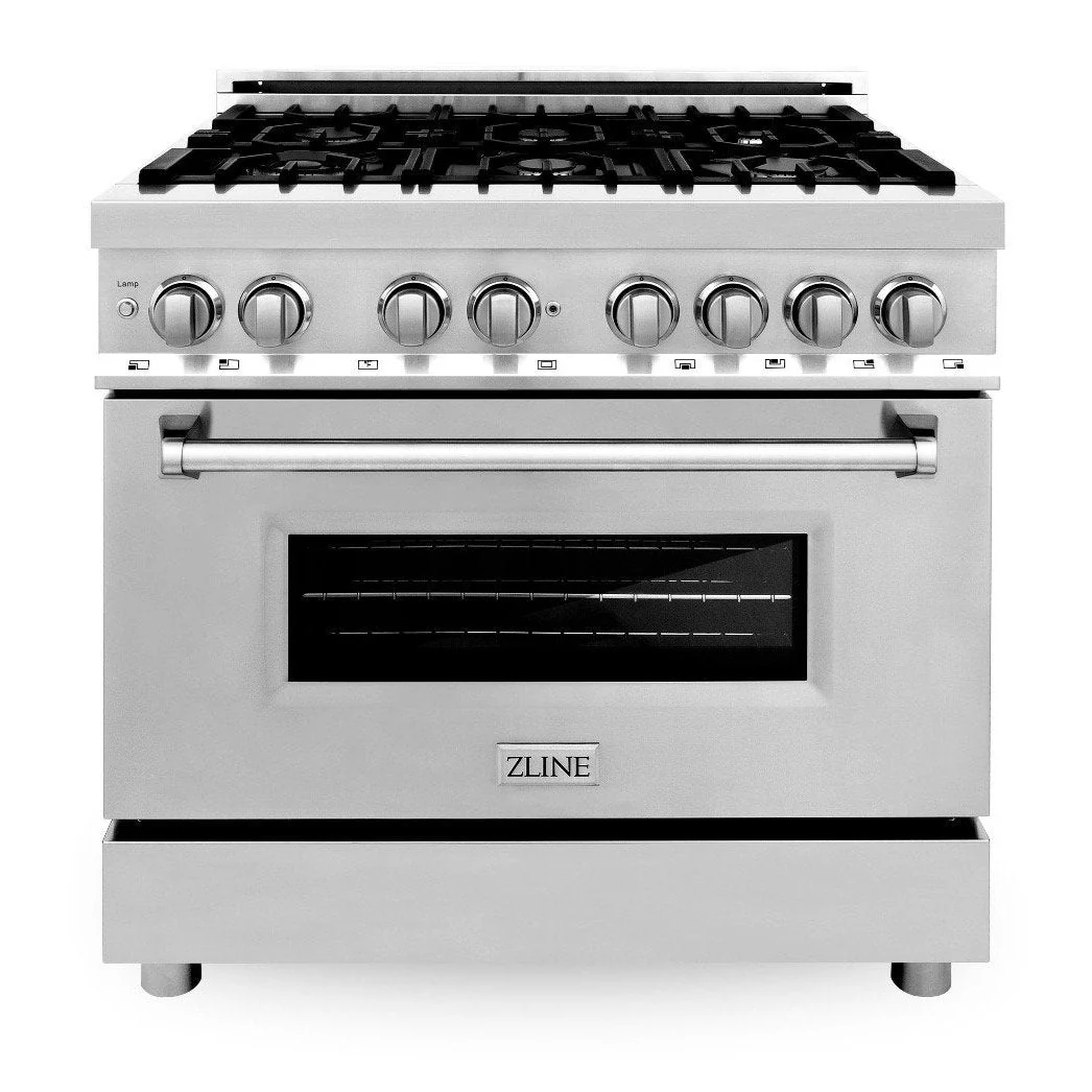 ZLINE 4-Piece Appliance Package - 36-Inch Dual Fuel Range, Refrigerator, Convertible Wall Mount Hood, and Microwave Drawer in Stainless Steel (4KPR-RARH36-MW) - Image 3