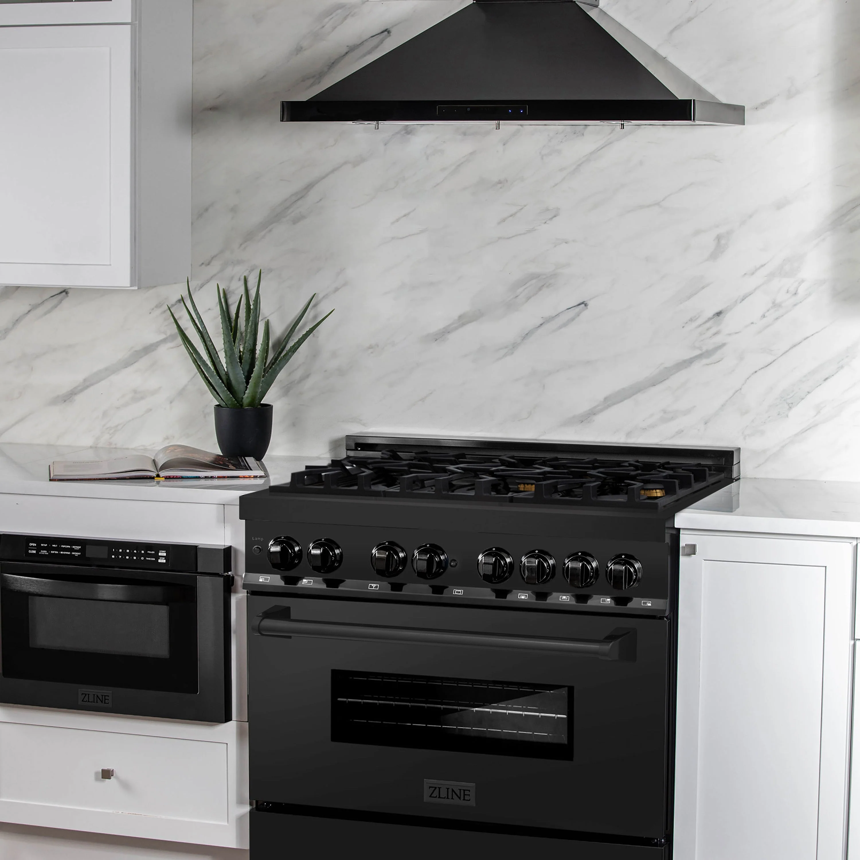 ZLINE 4-Piece Appliance Package - 36-Inch Dual Fuel Range with Brass Burners, Refrigerator, Microwave Drawer, and 3-Rack Dishwasher in Black Stainless Steel - Image 3