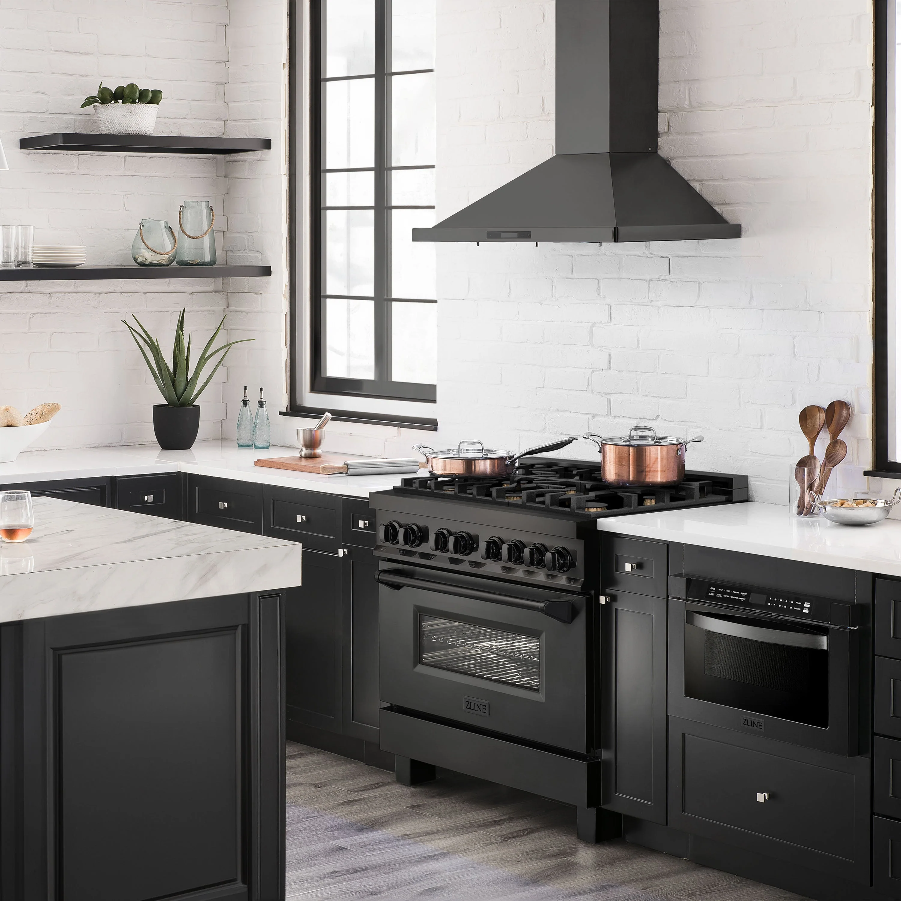 ZLINE 4-Piece Appliance Package - 36-Inch Dual Fuel Range with Brass Burners, Refrigerator, Microwave Drawer, and 3-Rack Dishwasher in Black Stainless Steel - Image 4