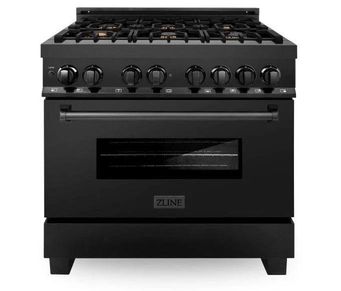 ZLINE 4-Piece Appliance Package - 36-Inch Dual Fuel Range with Brass Burners, Refrigerator with Water Dispenser, Convertible Wall Mount Hood, and 3-Rack Dishwasher in Black Stainless Steel (4KPRW-RABRH36-DWV) - Image 2