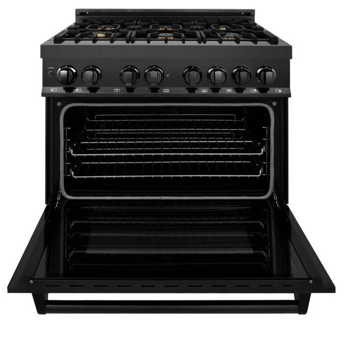 ZLINE 4-Piece Appliance Package - 36-Inch Dual Fuel Range with Brass Burners, Refrigerator with Water Dispenser, Convertible Wall Mount Hood, and Microwave Drawer in Black Stainless Steel (4KPRW-RABRH36-MWD) - Image 4