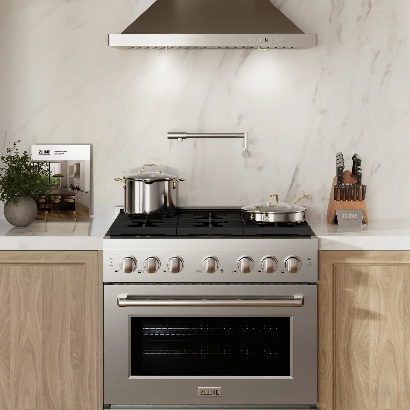 ZLINE 4-Piece Appliance Package - 36-Inch Gas Range, Refrigerator, Convertible Wall Mount Hood, and Microwave Oven in Stainless Steel (4KPR-SGRRH36-MO) - Image 3