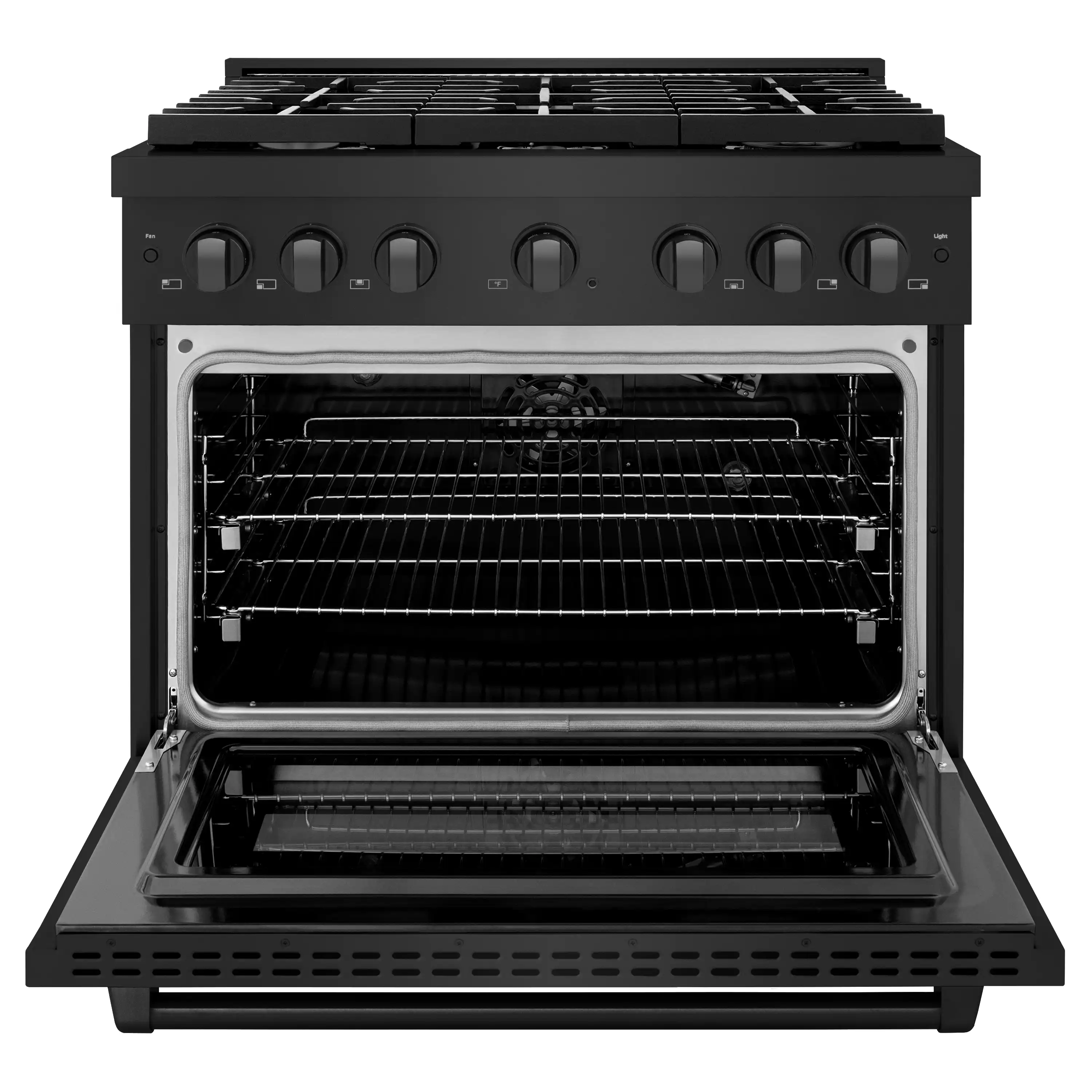 ZLINE 4-Piece Appliance Package - 36-inch Gas Range, 36-inch Refrigerator, Convertible Wall Mount Hood, and Microwave Drawer in Black Stainless Steel (4KPR-SGRBRH36-MW) - Image 4