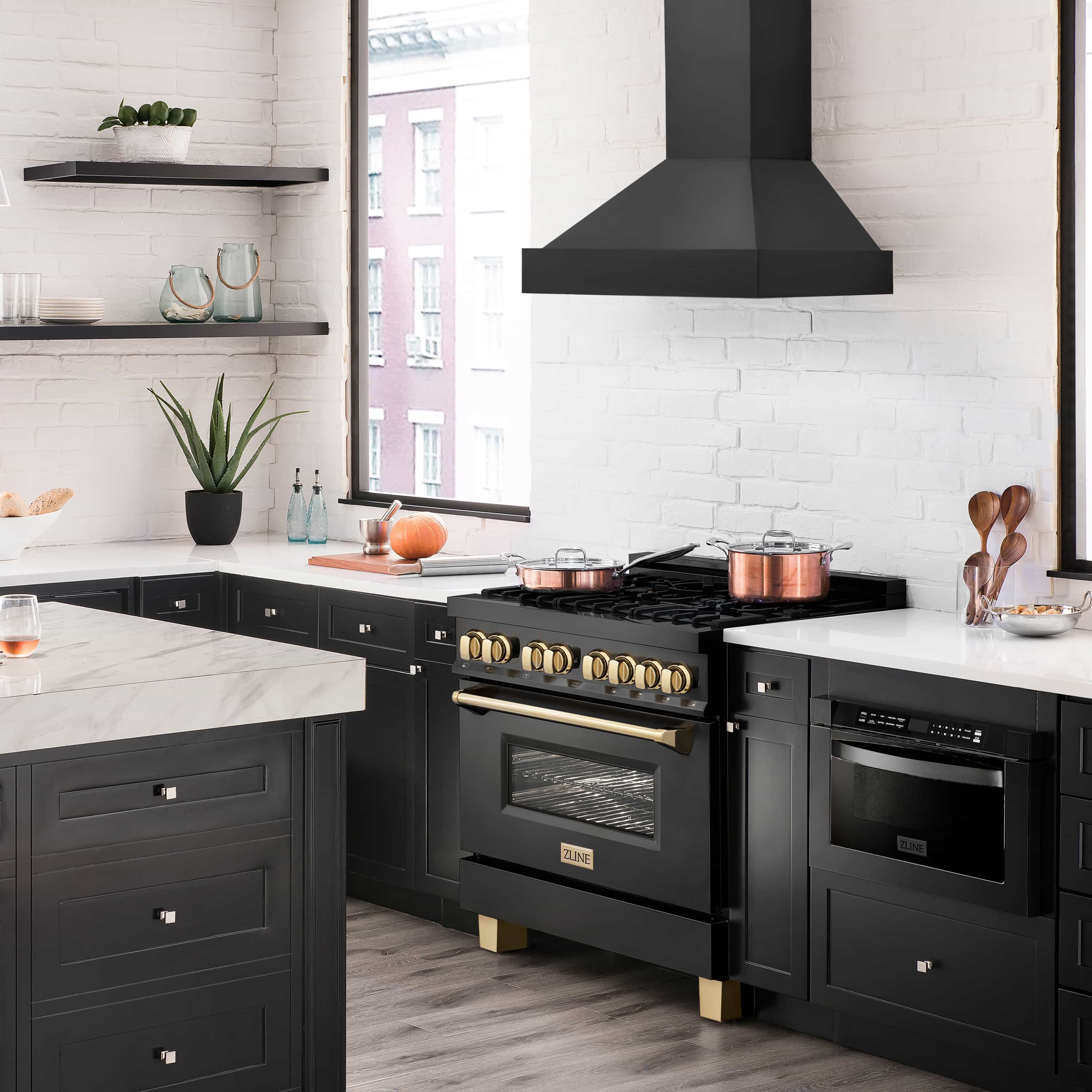 ZLINE 4-Piece Appliance Package - 36-Inch Gas Range, Convertible Wall Mount Hood, Microwave Oven, and 3-Rack Dishwasher in Black Stainless Steel (4KP-SGRBRH36-MODWV) - Image 30