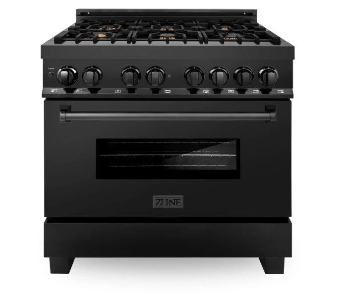 ZLINE 4-Piece Appliance Package - 36-inch Dual Fuel Range with Brass Burners, Dishwasher, Microwave Drawer & Convertible Wall Mount Hood in Black Stainless Steel (4KP-RABRH36-MWDW) - Image 4
