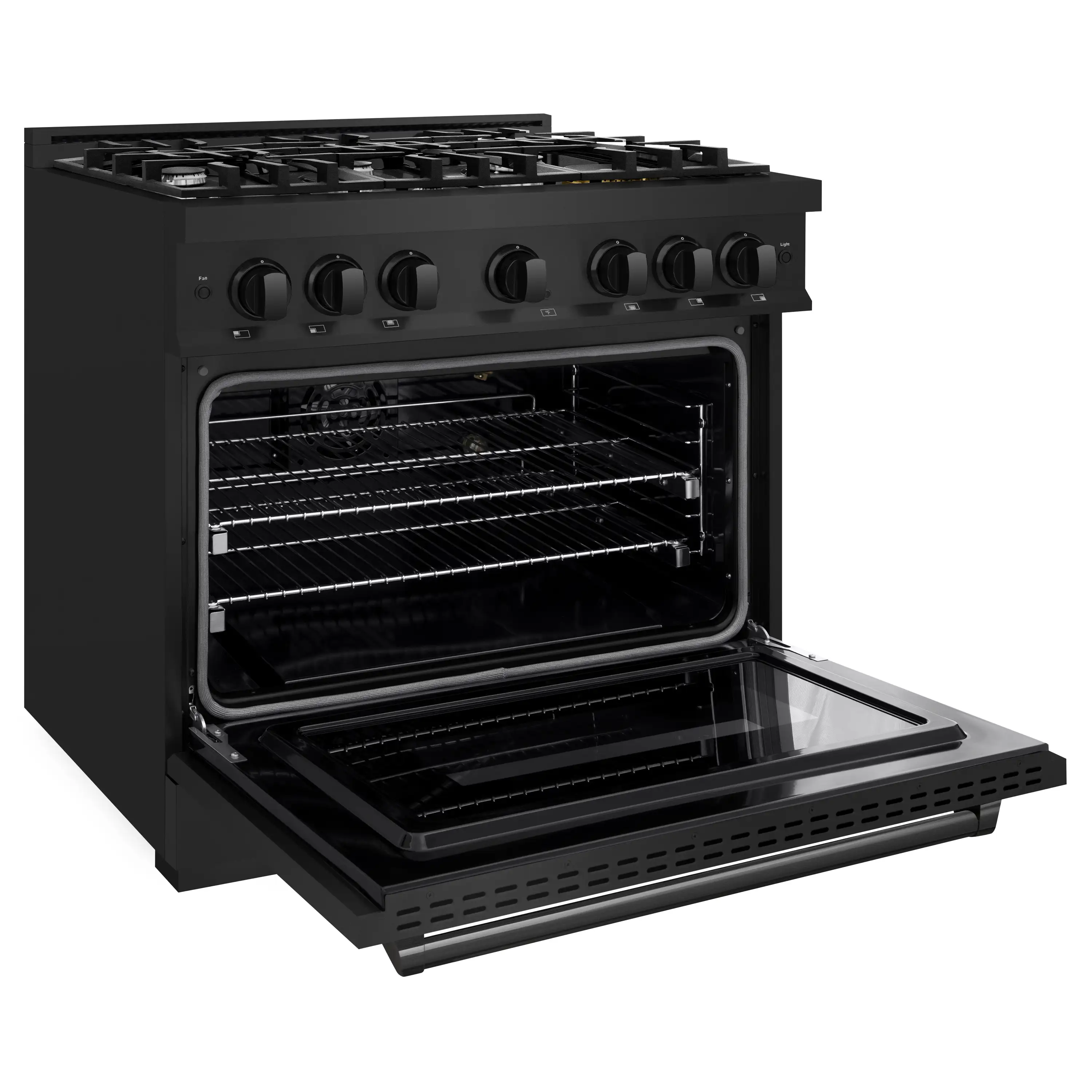 ZLINE 4-Piece Appliance Package - 36-Inch Gas Range, Hood, Refrigerator with Water Dispenser, and Dishwasher in Black Stainless Steel - Image 5
