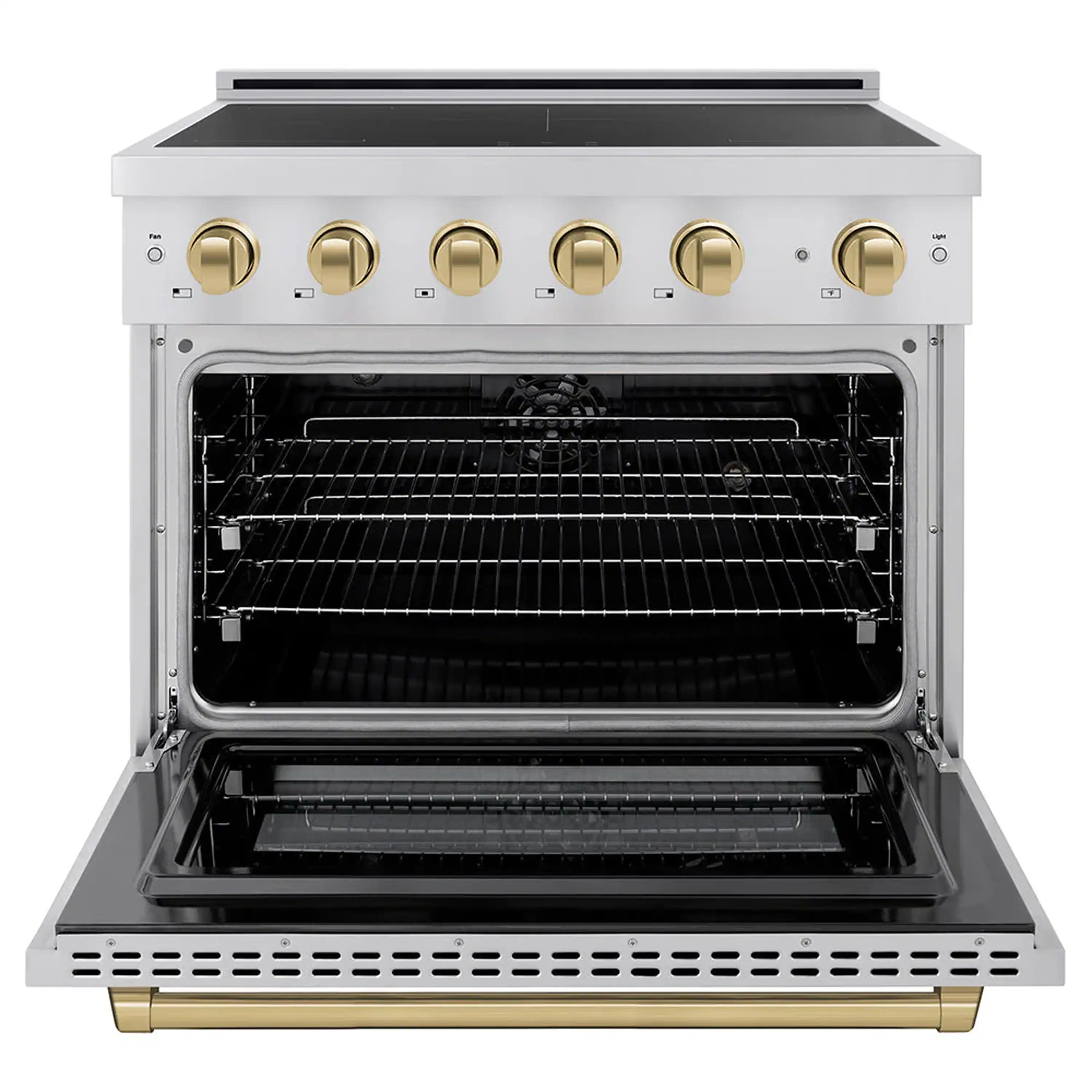 ZLINE 4-Piece Appliance Package - 36-Inch Paramount Induction Range, Wall Mount Range Hood, Refrigerator with Water Dispenser, and Dishwasher in Stainless Steel with Champagne Bronze Trim - Image 3