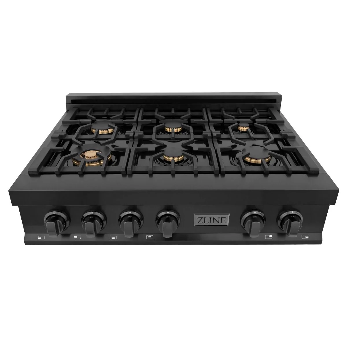 ZLINE 4-Piece Appliance Package - 36-Inch Rangetop with Brass Burners, Refrigerator, 30-Inch Electric Wall Oven, and Convertible Wall Mount Hood in Black Stainless Steel (4KPR-RTBRH36-AWS) - Image 4