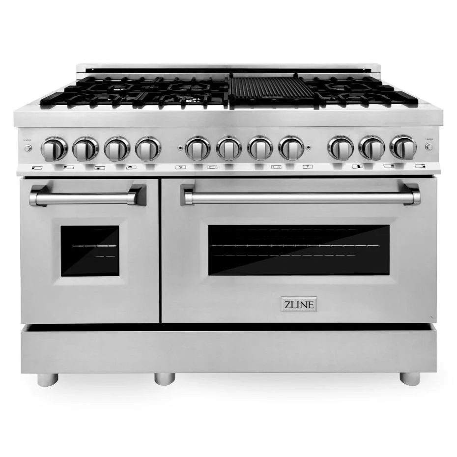 ZLINE 4-Piece Appliance Package - 48-Inch Dual Fuel Range, Refrigerator, Convertible Wall Mount Hood, and Microwave Oven in Stainless Steel (4KPR-RARH48-MO) - Image 2