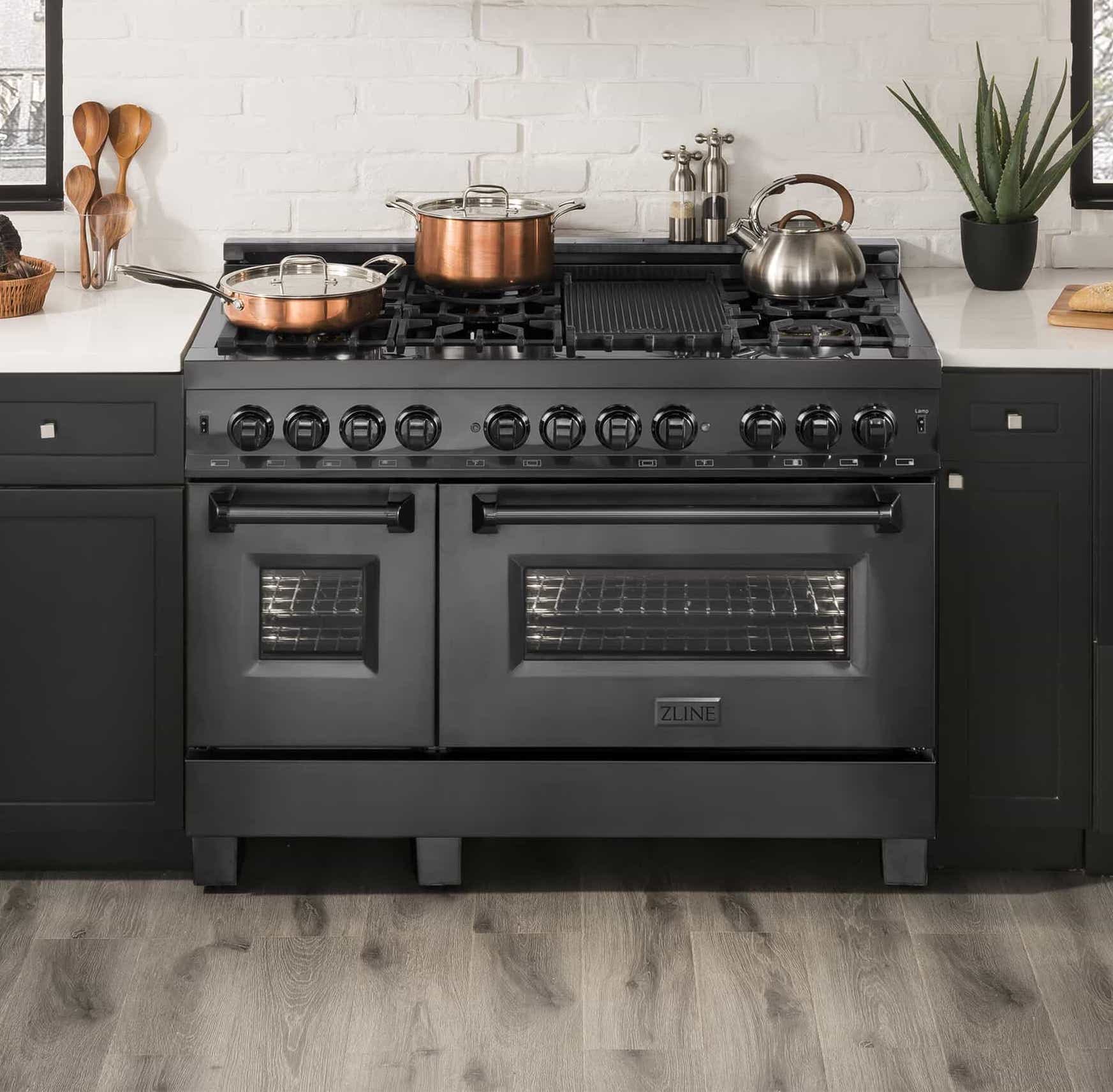 ZLINE 4-Piece Appliance Package - 48-Inch Dual Fuel Range with Brass Burners, Refrigerator with Water Dispenser, Convertible Wall Mount Hood, and Microwave Drawer in Black Stainless Steel (4KPRW-RABRH48-MWD) - Image 3