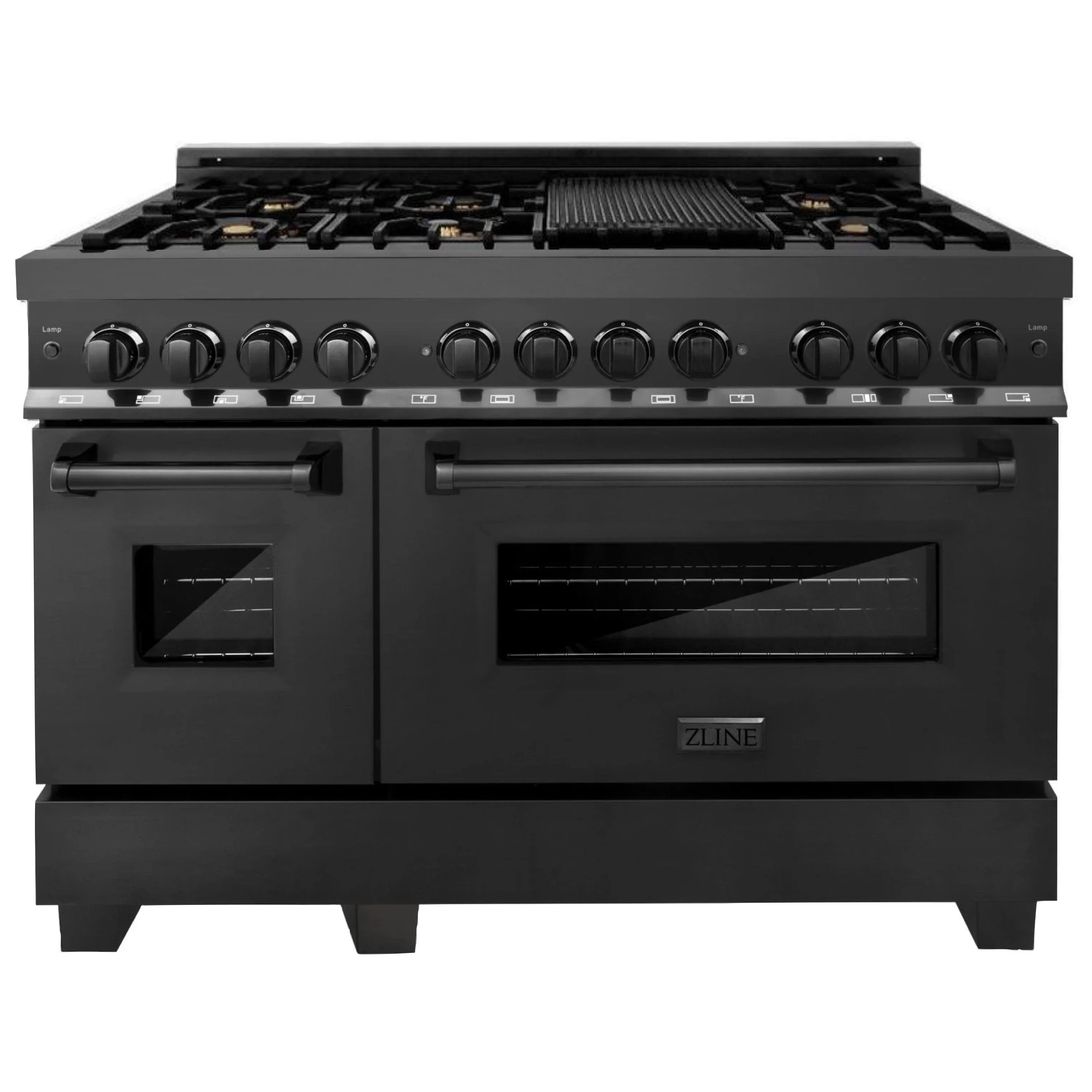 ZLINE 4-Piece Appliance Package - 48-Inch Dual Fuel Range with Brass Burners, Refrigerator with Water Dispenser, Convertible Wall Mount Hood, and Microwave Oven in Black Stainless Steel (4KPRW-RABRH48-MWO) - Image 2