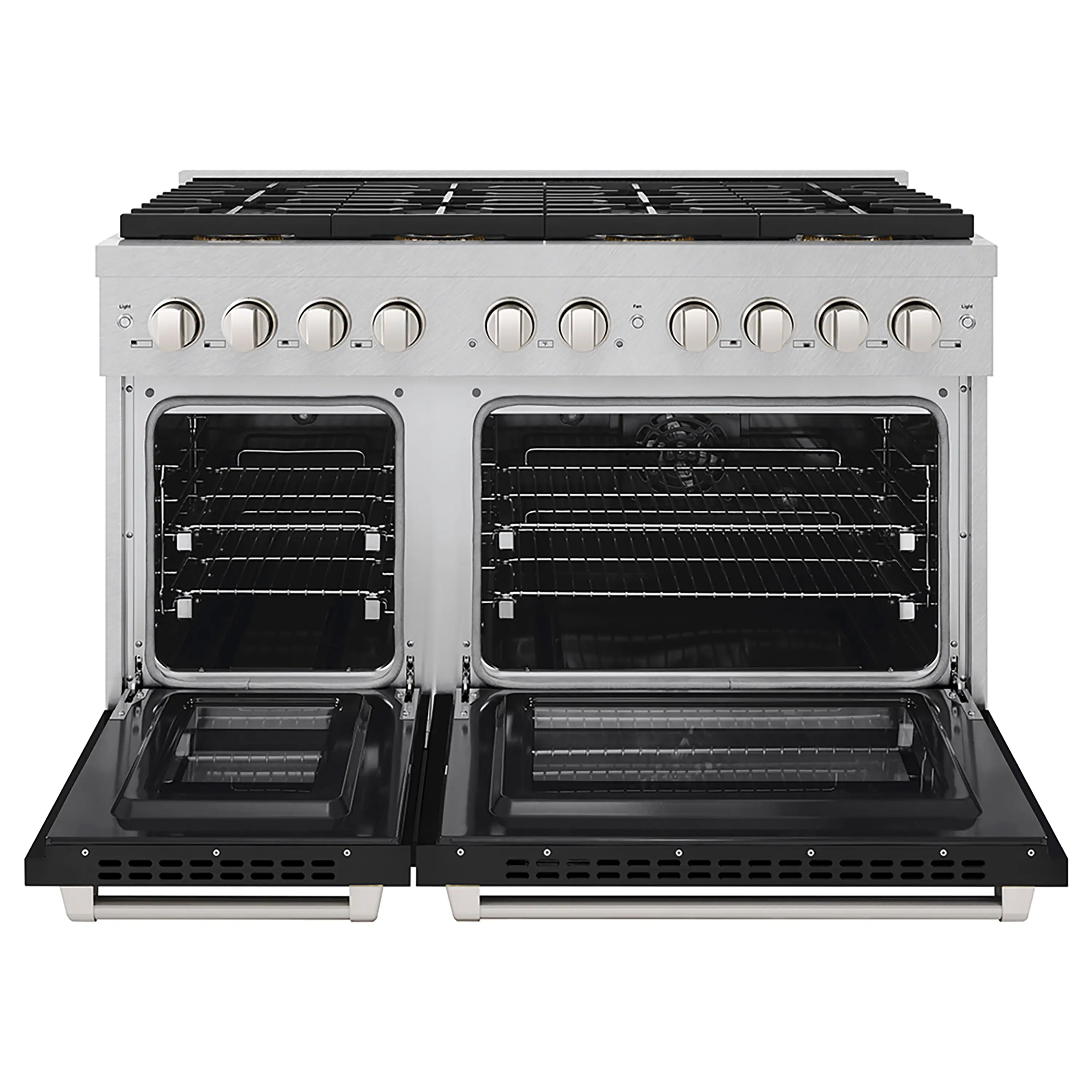ZLINE 48-Inch 6.7 cu. ft. Paramount Dual Fuel Range with 8 Burner DuoPro™ Cooktop and Dual Ovens in Satin Stainless Steel with Black Matte Doors (PSDRS-BLM-48) - Image 2