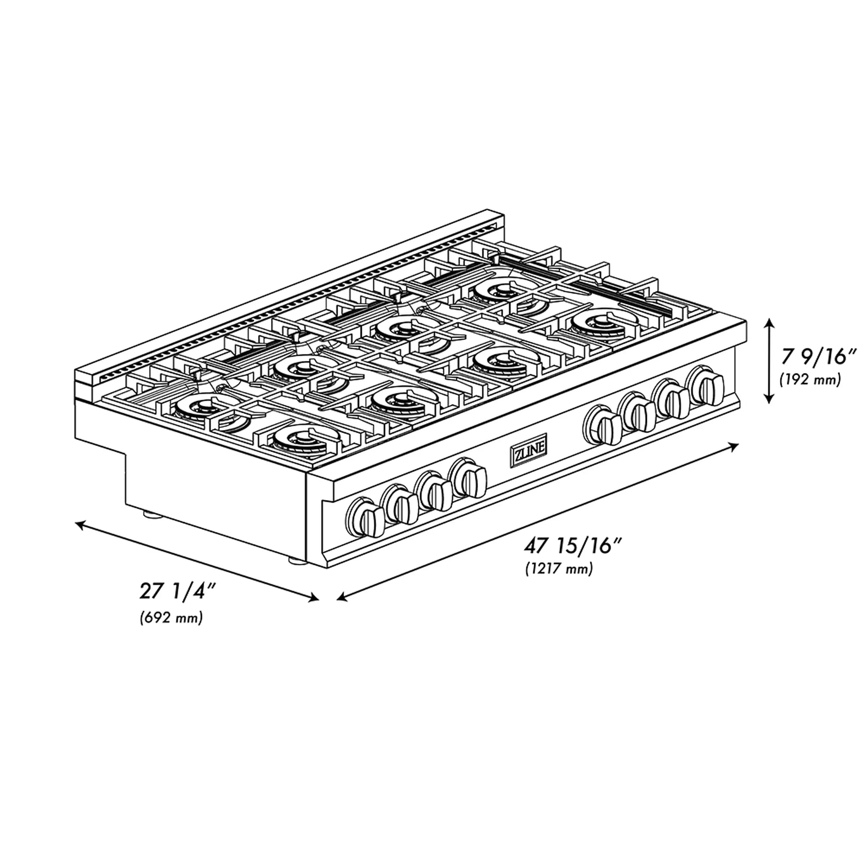 ZLINE 48-Inch Classic Gas Rangetop with 8 Burner DuoPro™ Cooktop in Satin Stainless Steel (PCRTS-48) - Image 15