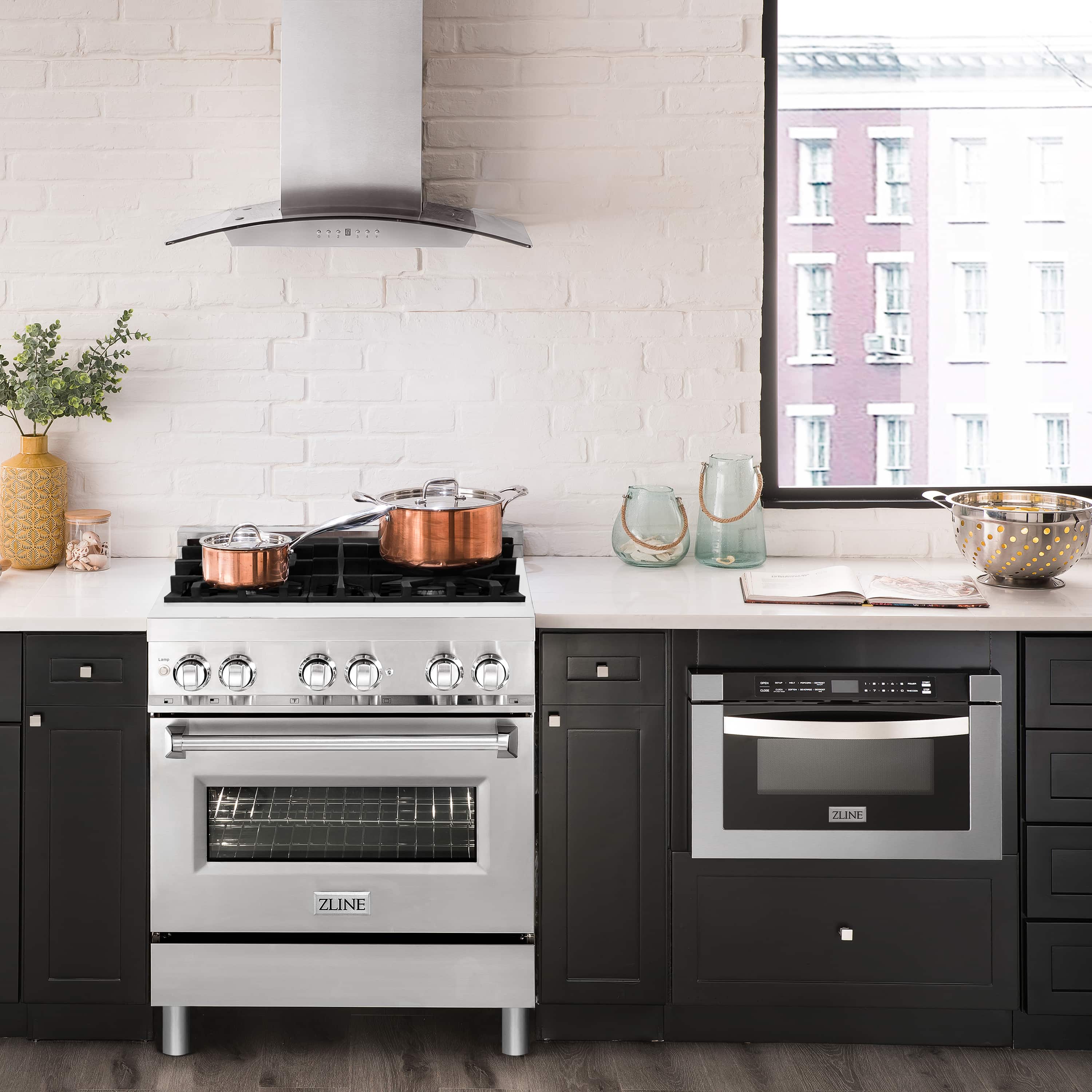 ZLINE 5-Piece Appliance Package - 30-Inch Legacy Dual Fuel Range, Wall Mount Range Hood, 36-Inch French Door Refrigerator, Dishwasher, and 30-Inch Microwave Drawer in Stainless Steel - Image 3