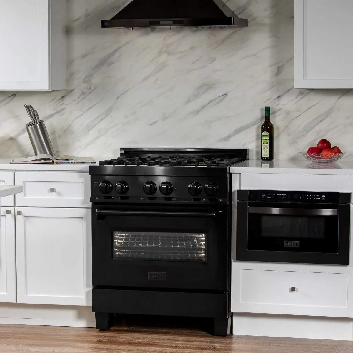 ZLINE 5-Piece Appliance Package - 30-Inch Legacy Dual Fuel Range, Wall Mount Range Hood, 36-Inch French Door Refrigerator, Dishwasher, and 30-Inch Microwave Drawer in Black Stainless Steel - Image 4