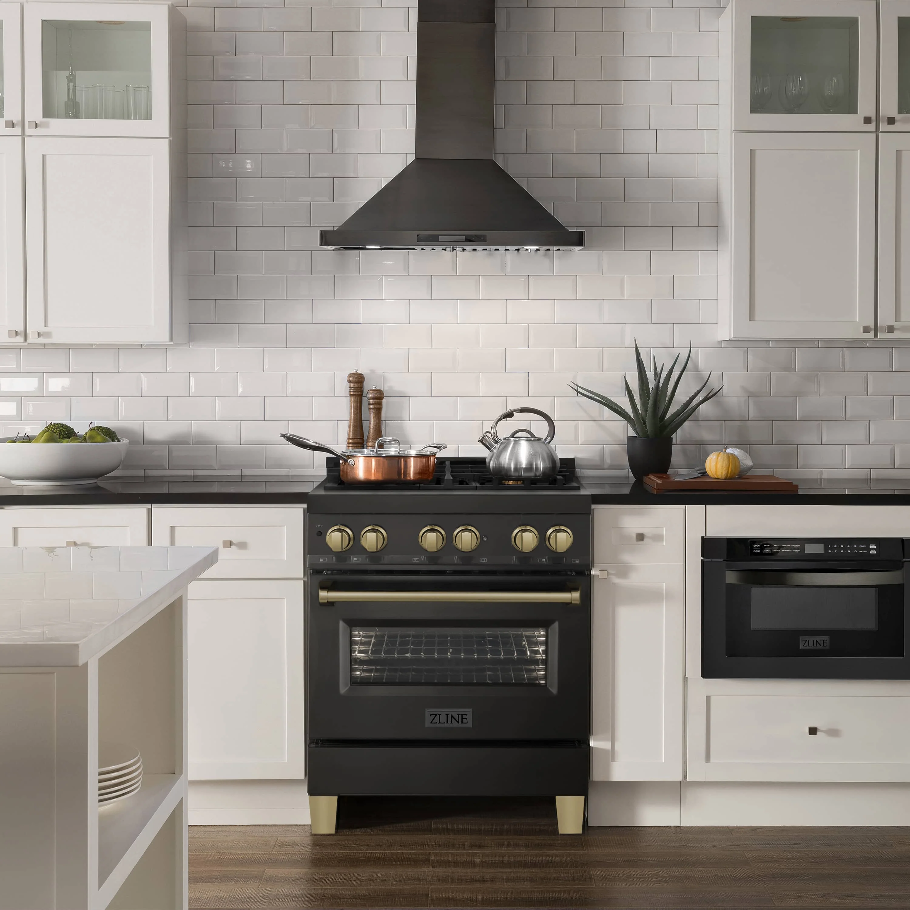 ZLINE 5-Piece Appliance Package - 30-Inch Legacy Dual Fuel Range, Wall Mount Range Hood, 36-Inch French Door Refrigerator, Dishwasher, and 30-Inch Microwave Drawer in Black Stainless Steel with Champagne Bronze Accents - Image 3