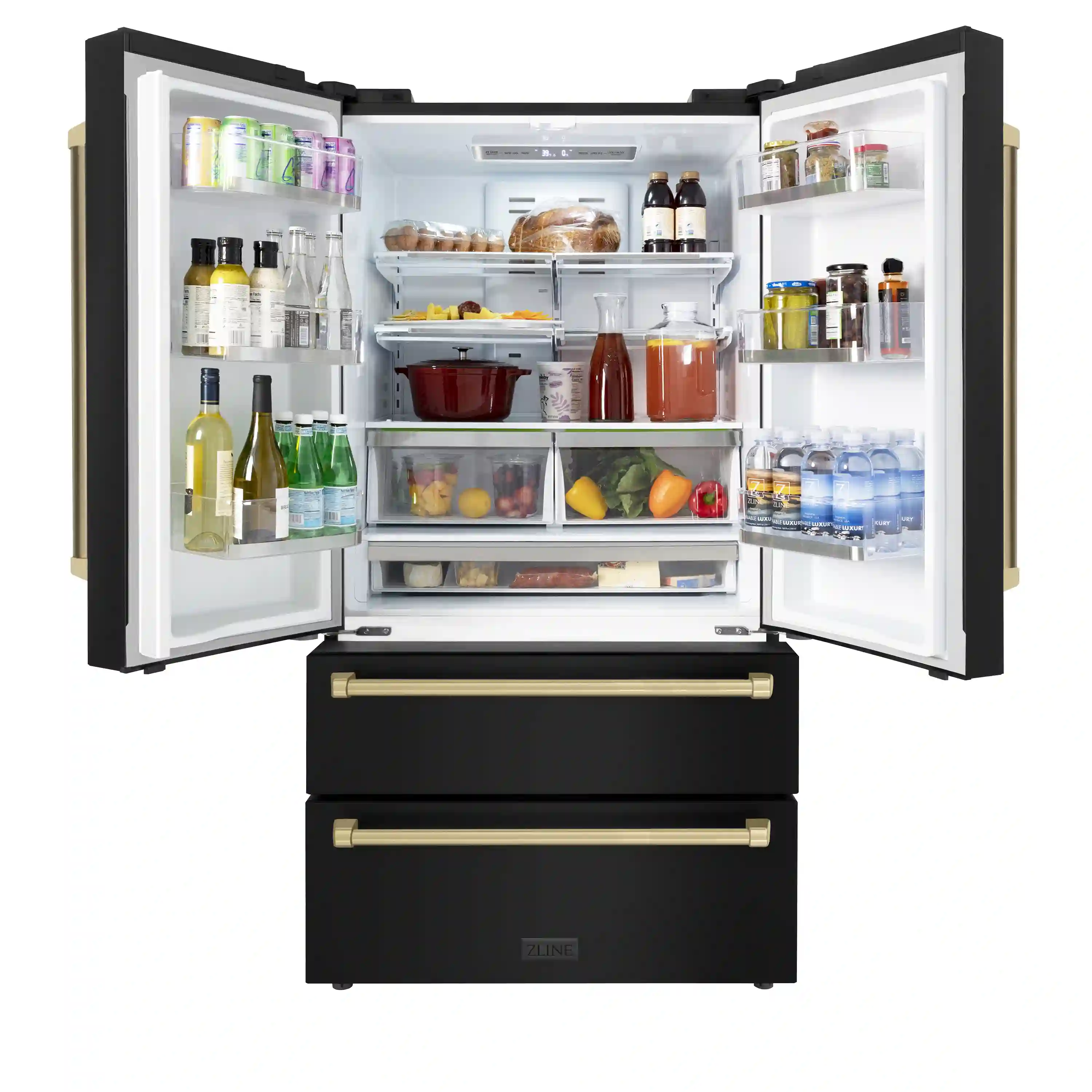 ZLINE 5-Piece Appliance Package - 30-Inch Legacy Dual Fuel Range, Wall Mount Range Hood, 36-Inch French Door Refrigerator, Dishwasher, and 30-Inch Microwave Drawer in Black Stainless Steel with Champagne Bronze Accents - Image 30