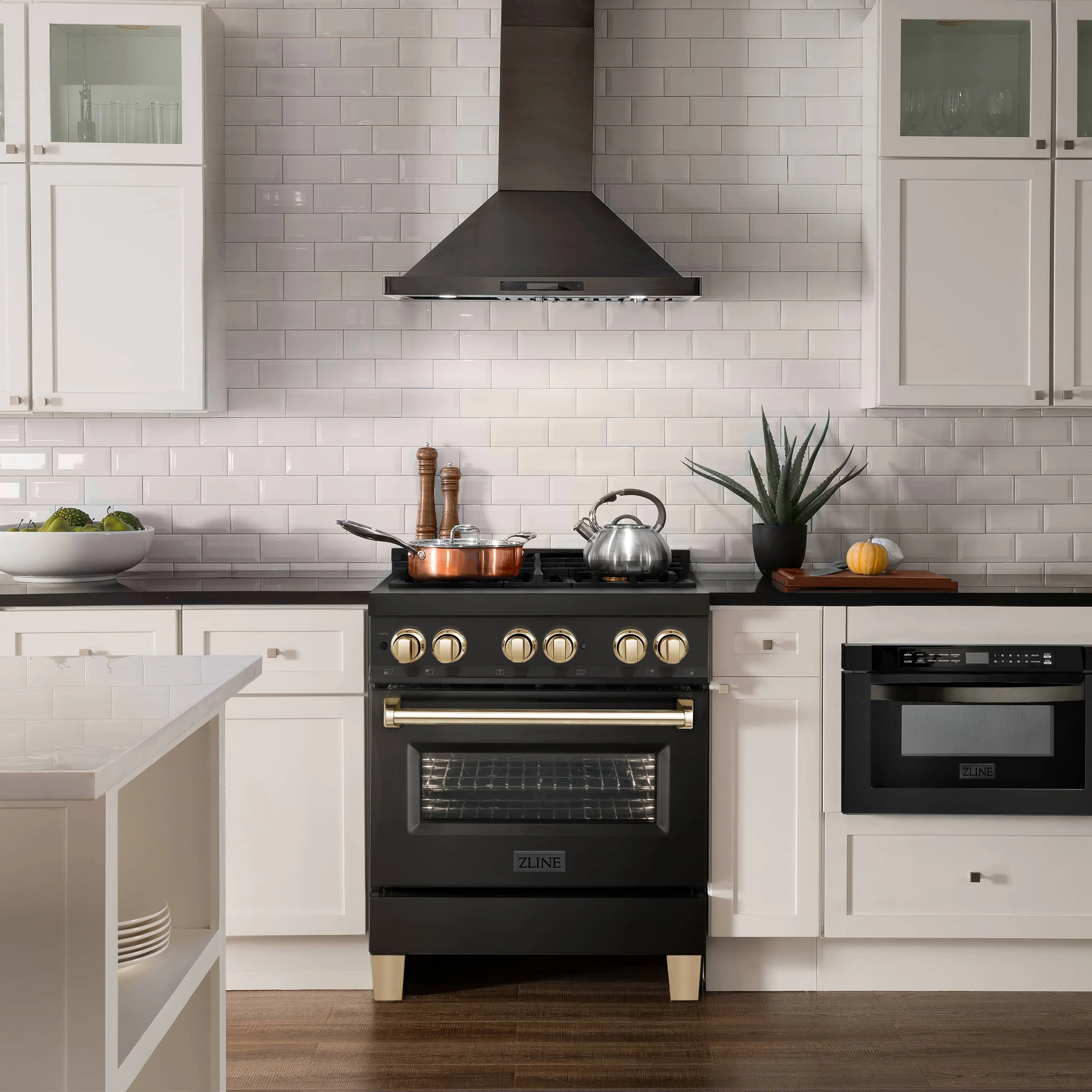 ZLINE 5-Piece Appliance Package - 30-Inch Legacy Dual Fuel Range, Wall Mount Range Hood, 36-Inch French Door Refrigerator, Dishwasher, and 30-Inch Microwave Drawer in Black Stainless Steel with Gold Accents - Image 3