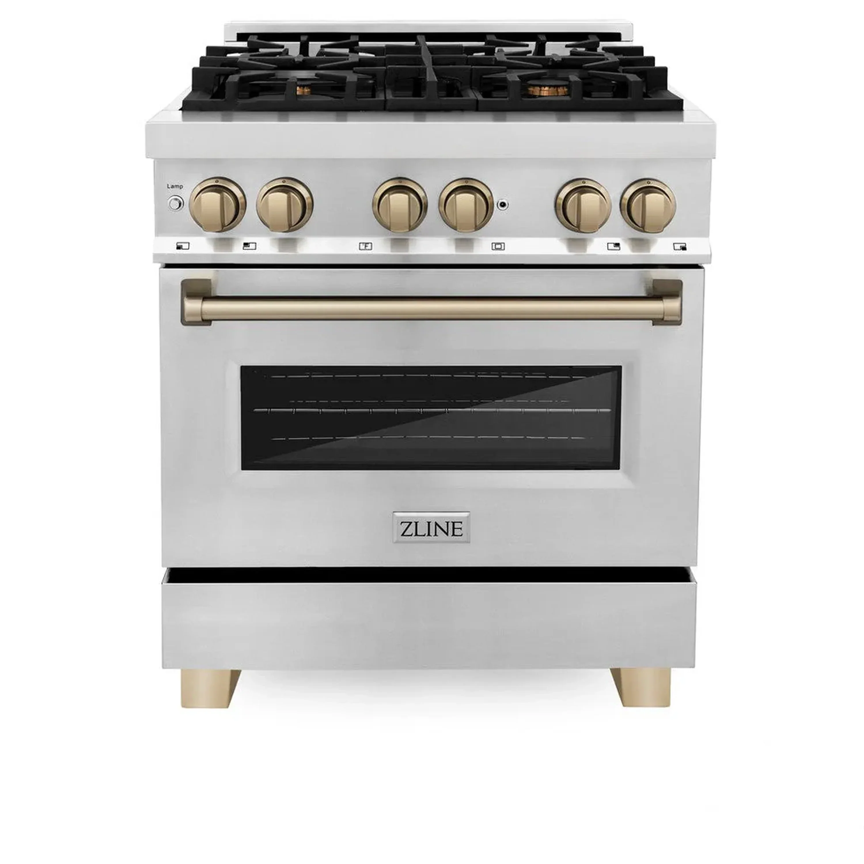 ZLINE 5-Piece Appliance Package - 30-Inch Legacy Autograph Dual Fuel Range, Wall Mount Range Hood, 36-Inch French Door Refrigerator, Dishwasher, and 30-Inch Microwave Drawer in Stainless Steel with Champagne Bronze Accents - Image 2
