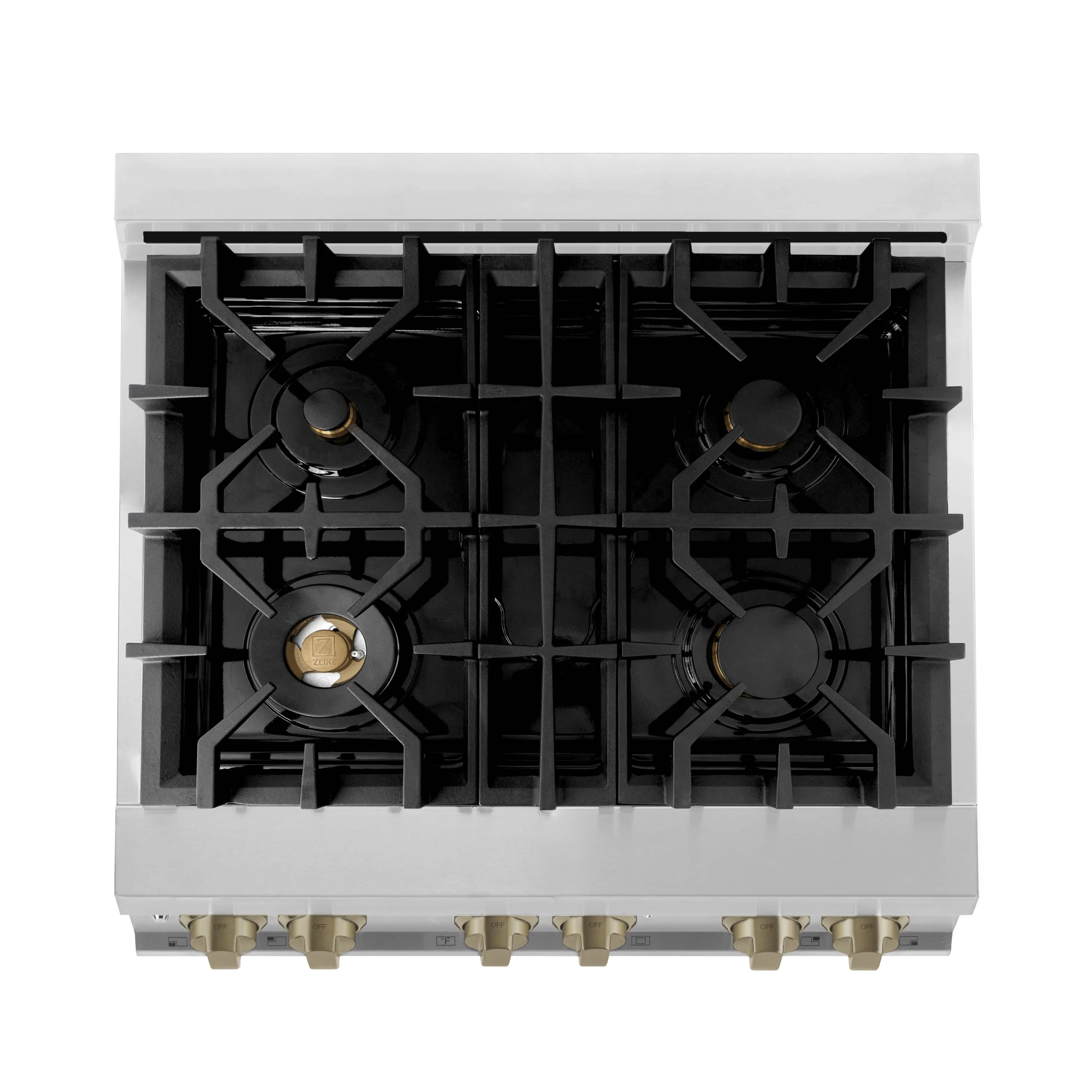 ZLINE 5-Piece Appliance Package - 30-Inch Legacy Autograph Dual Fuel Range, Wall Mount Range Hood, 36-Inch French Door Refrigerator, Dishwasher, and 30-Inch Microwave Drawer in Stainless Steel with Champagne Bronze Accents - Image 8