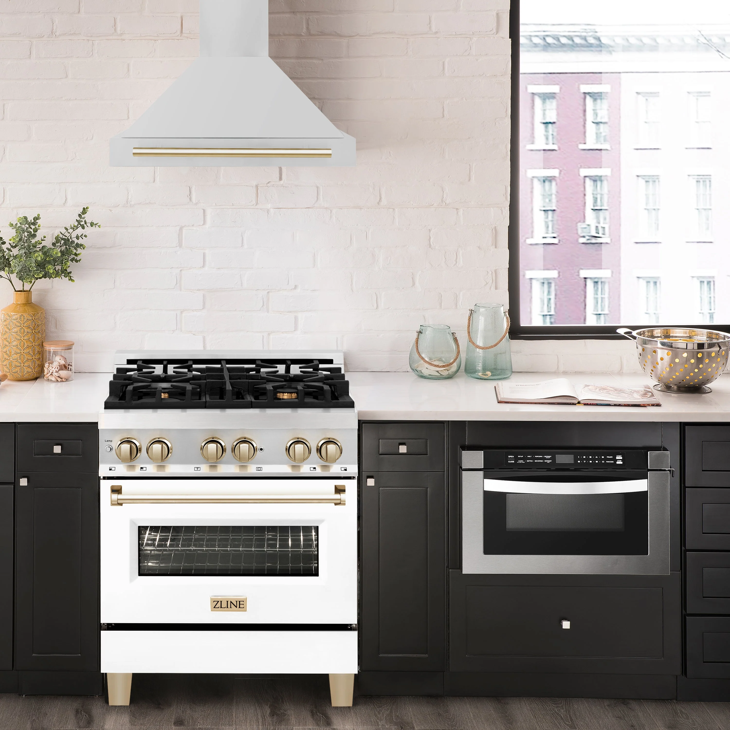 ZLINE 5-Piece Appliance Package - 30-Inch Legacy Autograph Dual Fuel Range, Wall Mount Range Hood, 36-Inch French Door Refrigerator, Dishwasher, and 30-Inch Microwave Drawer in Stainless Steel with Gold Accents - Image 22