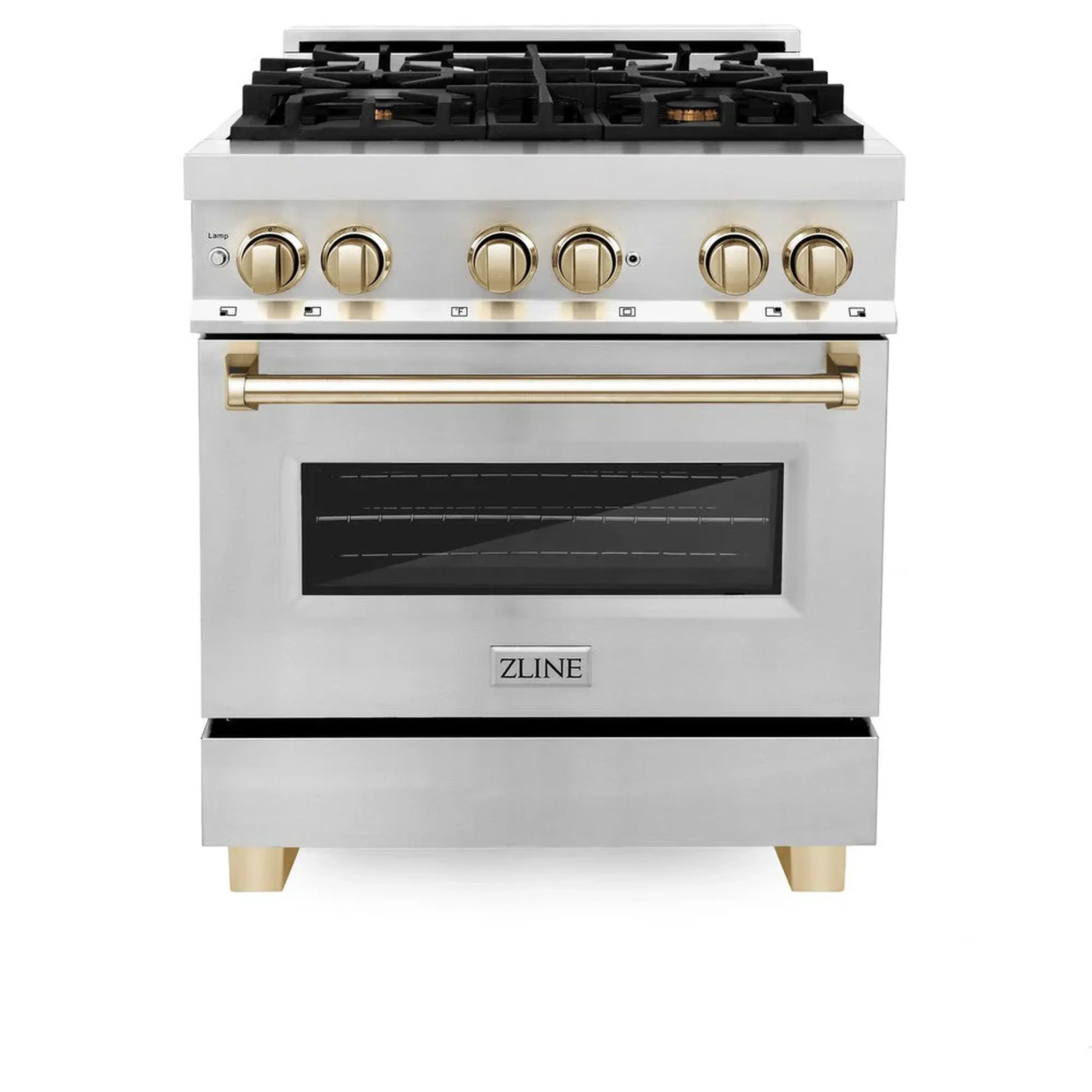 ZLINE 5-Piece Appliance Package - 30-Inch Legacy Autograph Dual Fuel Range, Wall Mount Range Hood, 36-Inch French Door Refrigerator, Dishwasher, and 30-Inch Microwave Drawer in Stainless Steel with Gold Accents - Image 2