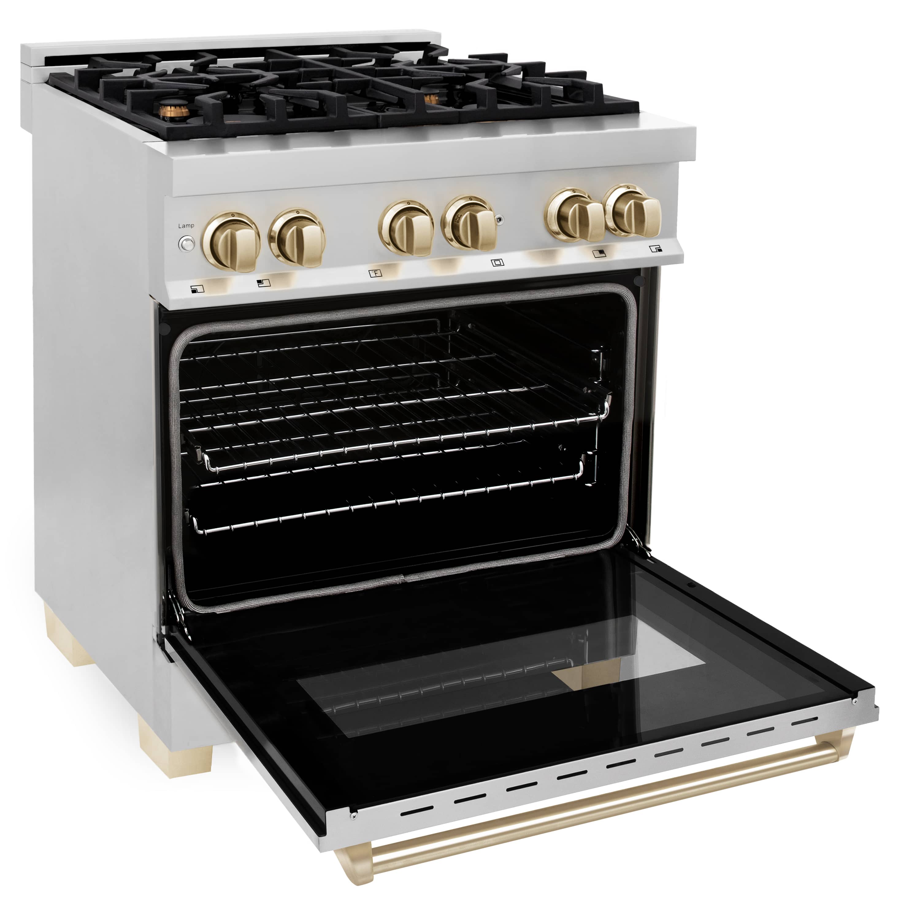 ZLINE 5-Piece Appliance Package - 30-Inch Legacy Autograph Dual Fuel Range, Wall Mount Range Hood, 36-Inch French Door Refrigerator, Dishwasher, and 30-Inch Microwave Drawer in Stainless Steel with Gold Accents - Image 7