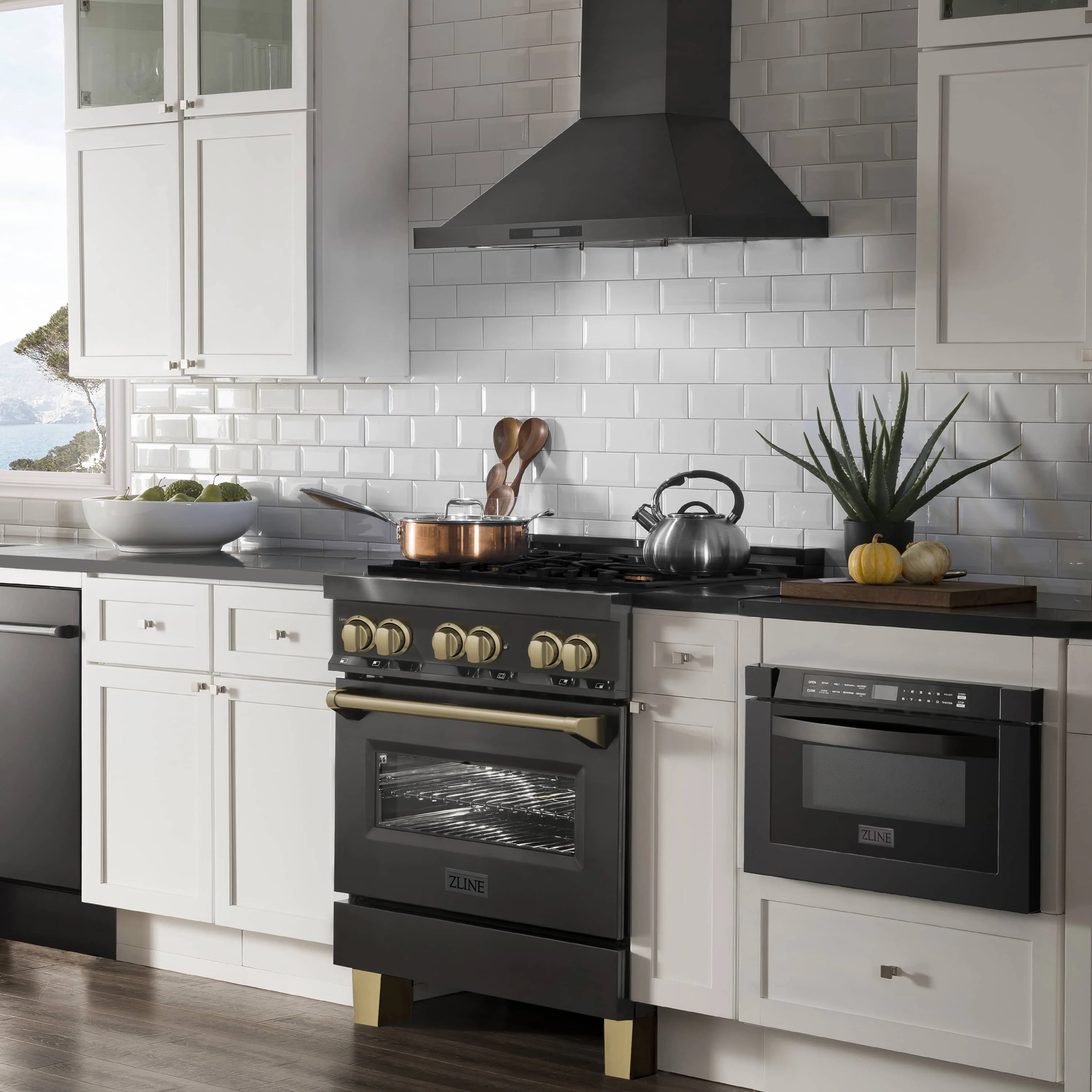 ZLINE 5-Piece Appliance Package - 30-Inch Legacy Dual Fuel Range, Wall Mount Range Hood, 36-Inch French Door Refrigerator with Water Dispenser, Dishwasher, and 30-Inch Microwave Drawer in Black Stainless Steel with Champagne Bronze Accents - Image 4