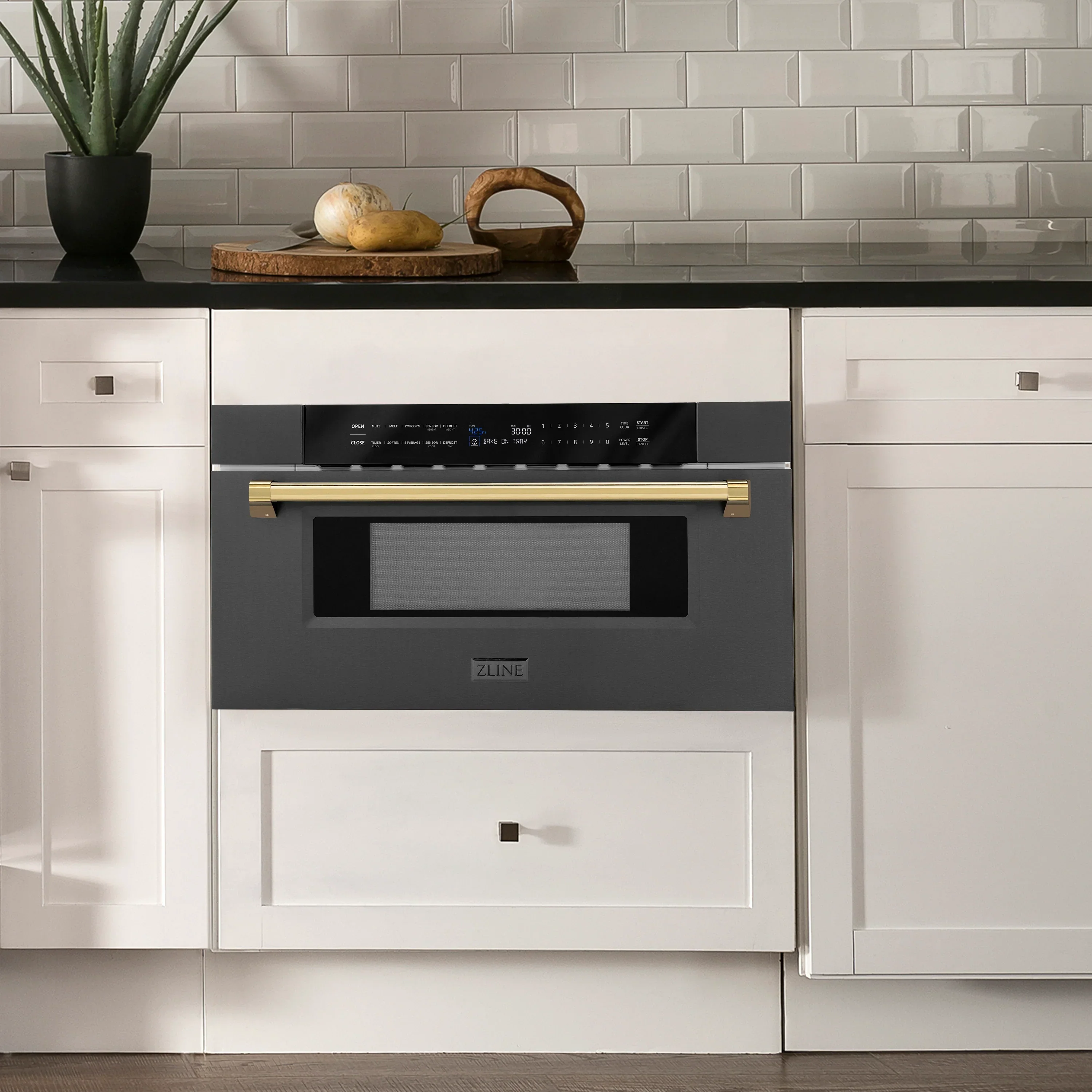 ZLINE 5-Piece Appliance Package - 30-Inch Legacy Dual Fuel Range, Wall Mount Range Hood, 36-Inch French Door Refrigerator with Water Dispenser, Dishwasher, and 30-Inch Microwave Drawer in Black Stainless Steel with Gold Accents - Image 56