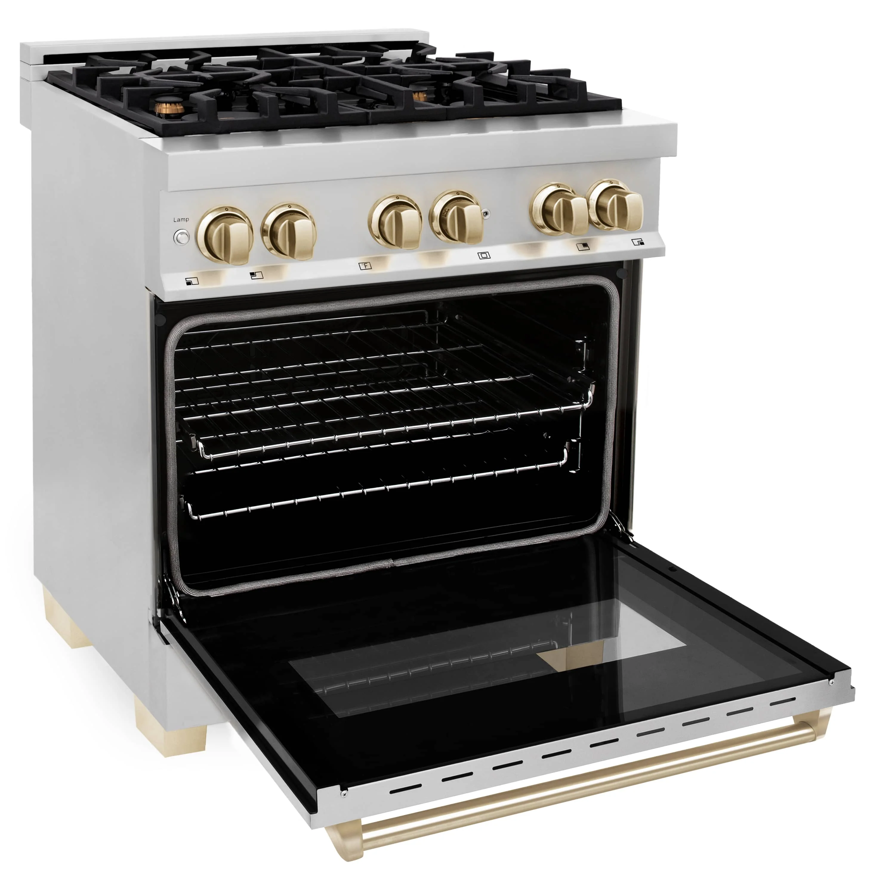 ZLINE 5-Piece Appliance Package - 30-Inch Legacy Autograph Dual Fuel Range, Wall Mount Range Hood, 36-Inch French Door Refrigerator with Water Dispenser, Dishwasher, and 30-Inch Microwave Drawer in Stainless Steel with Gold Accents - Image 7