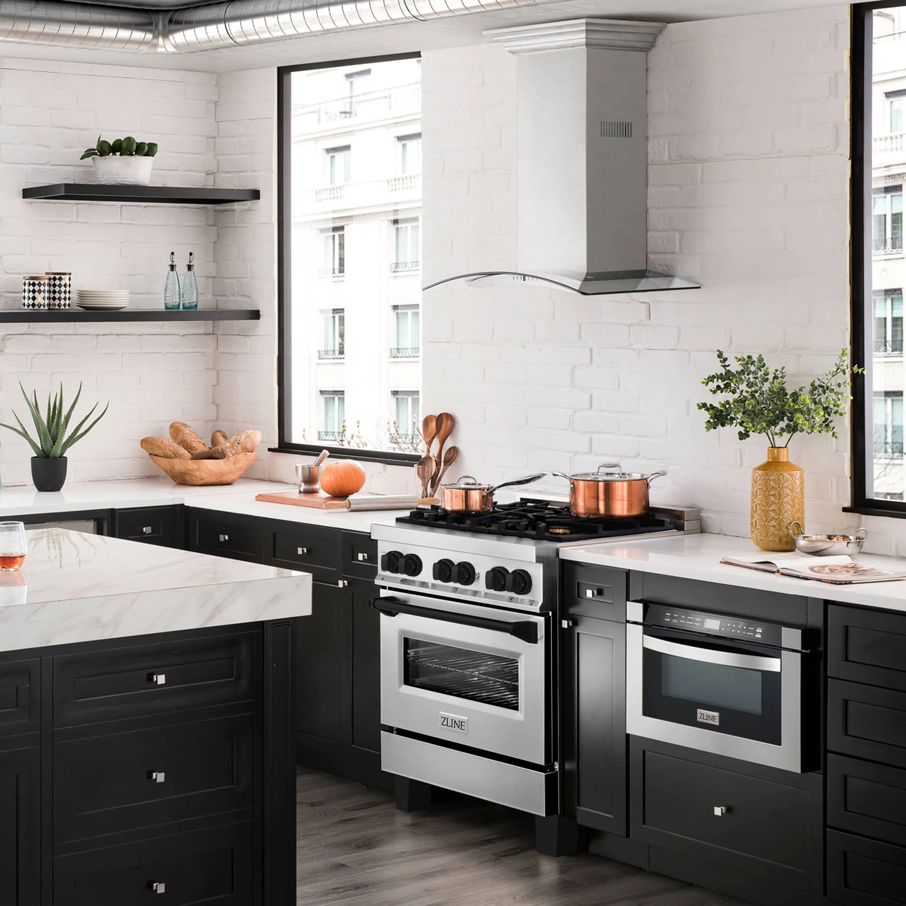 ZLINE 5-Piece Appliance Package - 30-Inch Legacy Autograph Dual Fuel Range, Wall Mount Range Hood, 36-Inch French Door Refrigerator with Water Dispenser, Dishwasher, and 30-Inch Microwave Drawer in Stainless Steel with Matte Black Accents - Image 4