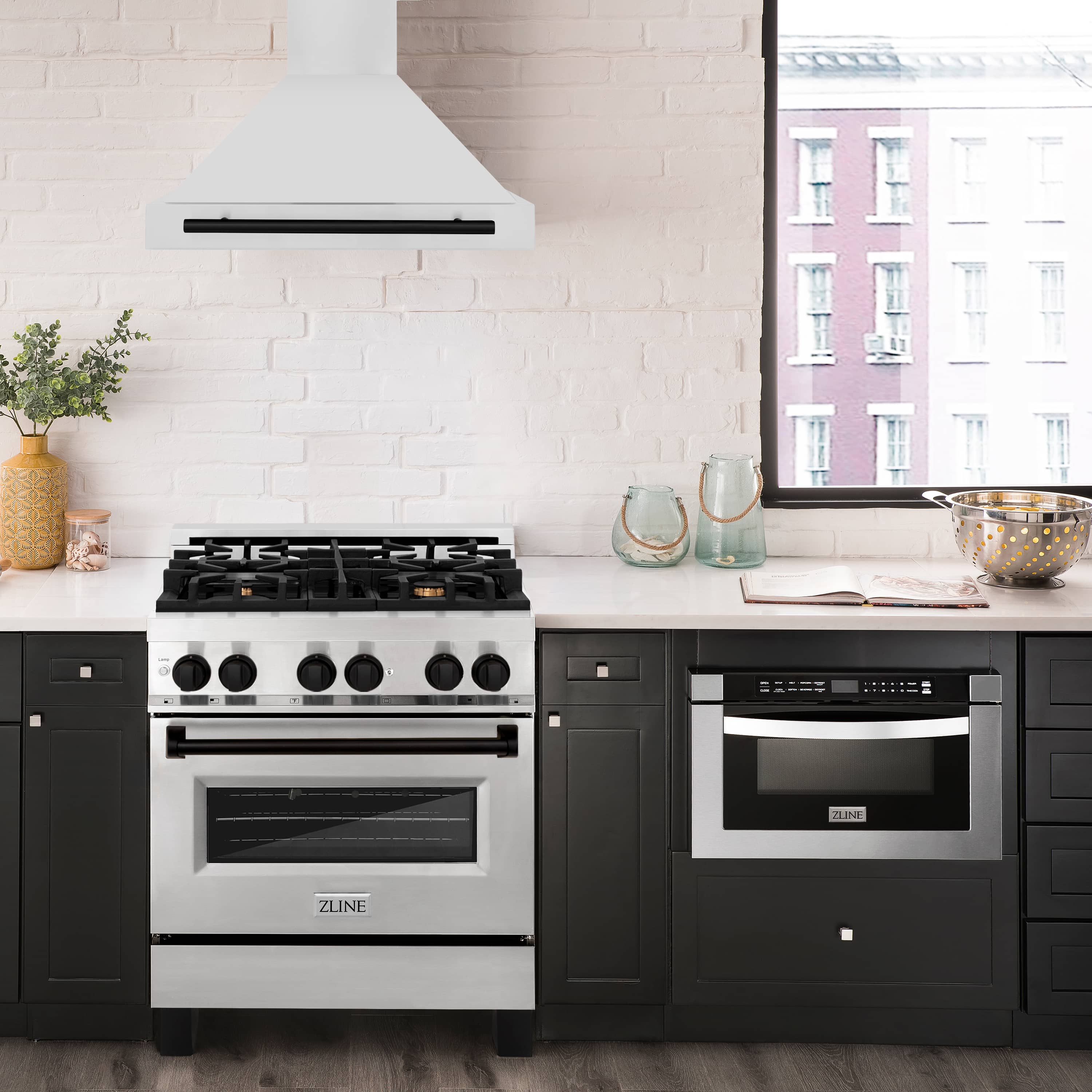 ZLINE 5-Piece Appliance Package - 30-Inch Legacy Autograph Dual Fuel Range, Wall Mount Range Hood, 36-Inch French Door Refrigerator with Water Dispenser, Dishwasher, and 30-Inch Microwave Drawer in Stainless Steel with Matte Black Accents - Image 24