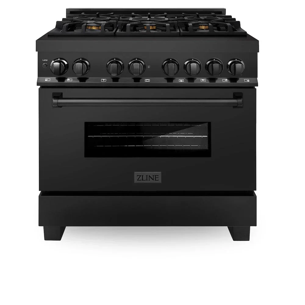 ZLINE 5-Piece Appliance Package - 36-Inch Legacy Dual Fuel Range, Wall Mount Range Hood, 36-Inch French Door Refrigerator, Dishwasher, and 30-Inch Microwave Drawer in Black Stainless Steel - Image 2