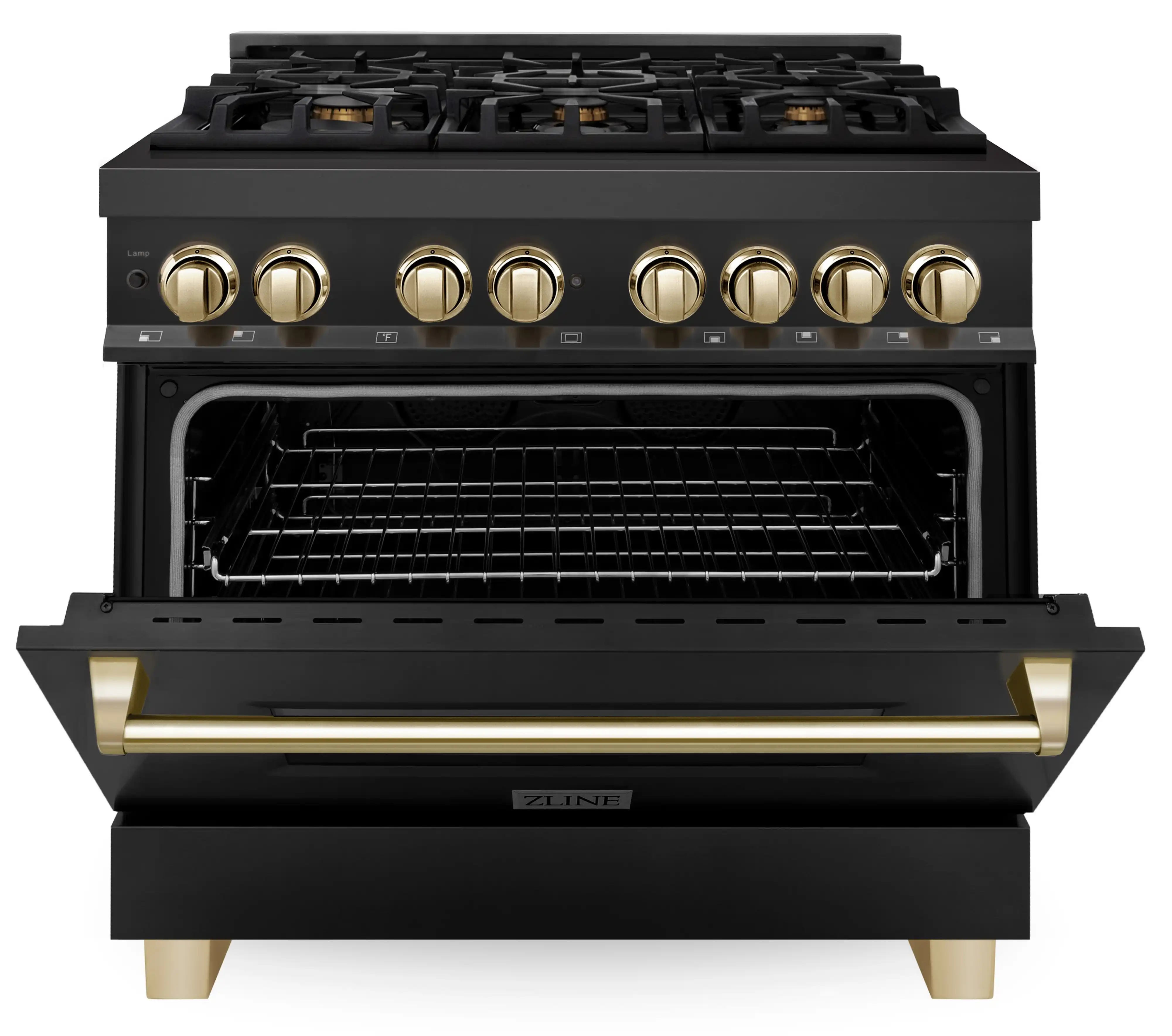 ZLINE 5-Piece Appliance Package - 36-Inch Legacy Dual Fuel Range, Wall Mount Range Hood, 36-Inch French Door Refrigerator, Dishwasher, and 30-Inch Microwave Drawer in Black Stainless Steel with Gold Accents - Image 6