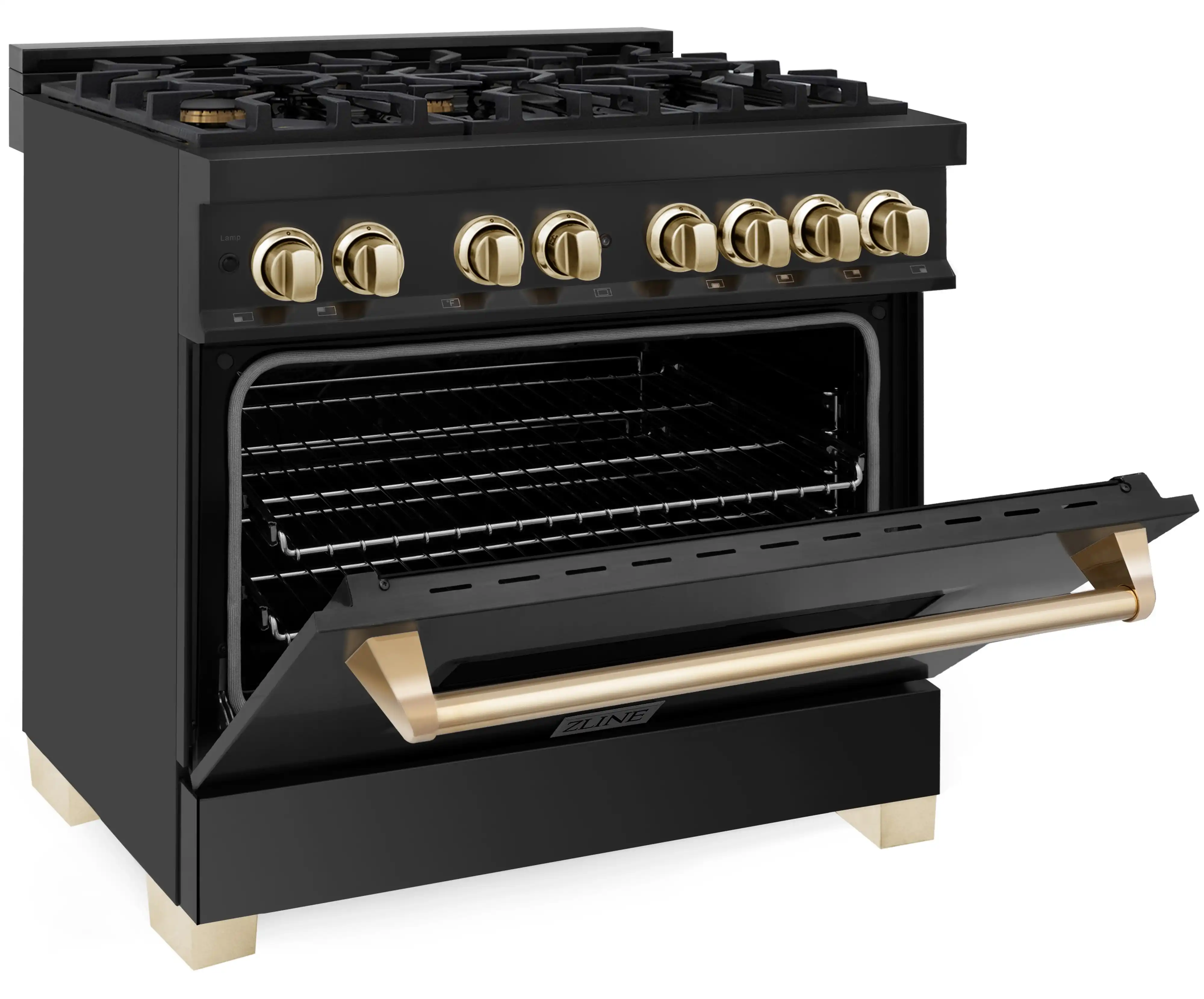 ZLINE 5-Piece Appliance Package - 36-Inch Legacy Dual Fuel Range, Wall Mount Range Hood, 36-Inch French Door Refrigerator, Dishwasher, and 30-Inch Microwave Drawer in Black Stainless Steel with Gold Accents - Image 9
