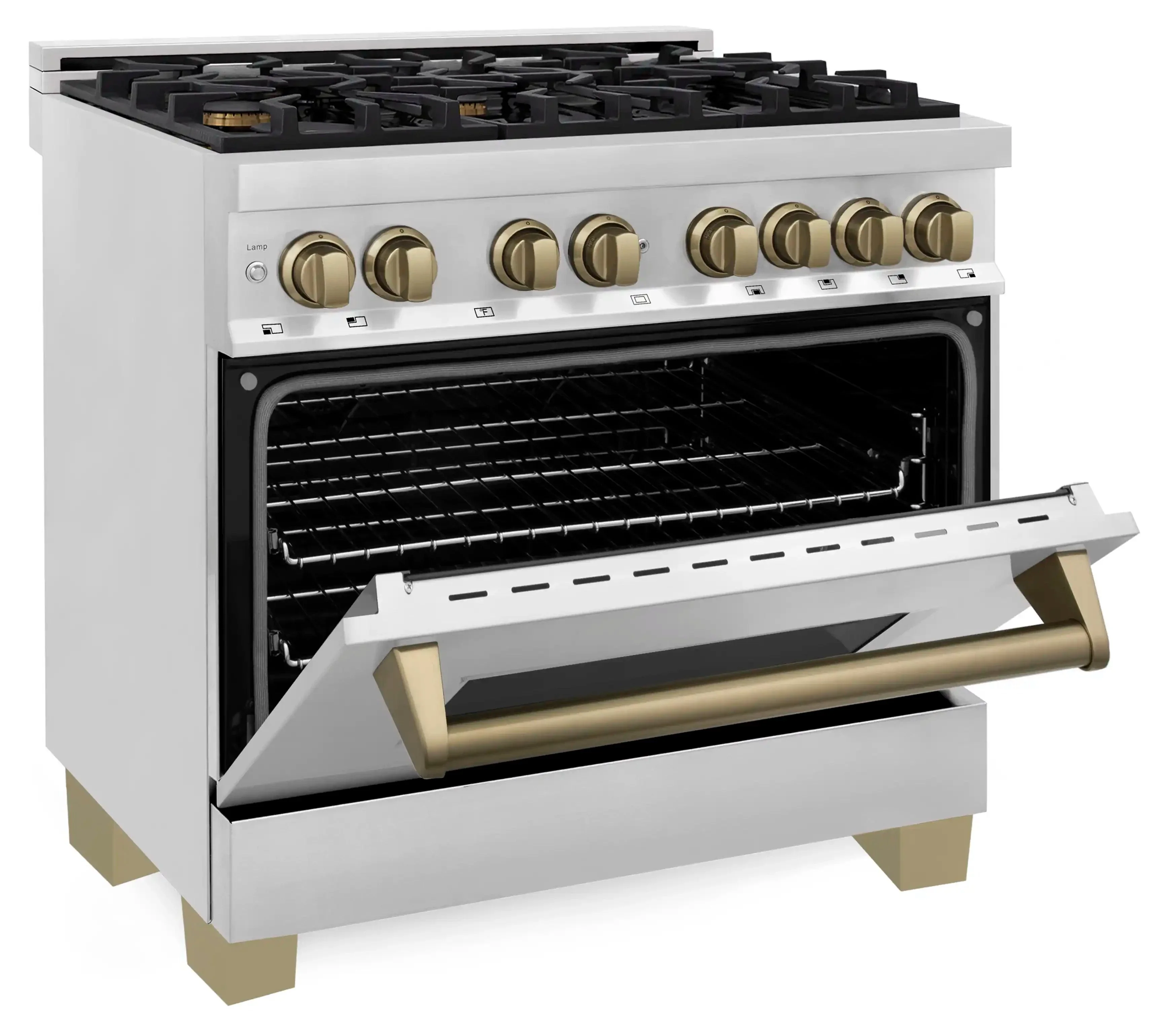 ZLINE 5-Piece Appliance Package - 36-Inch Legacy Autograph Dual Fuel Range, Wall Mount Range Hood, 36-Inch French Door Refrigerator, Dishwasher, and 30-Inch Microwave Drawer in Stainless Steel with Champagne Bronze Accents - Image 9