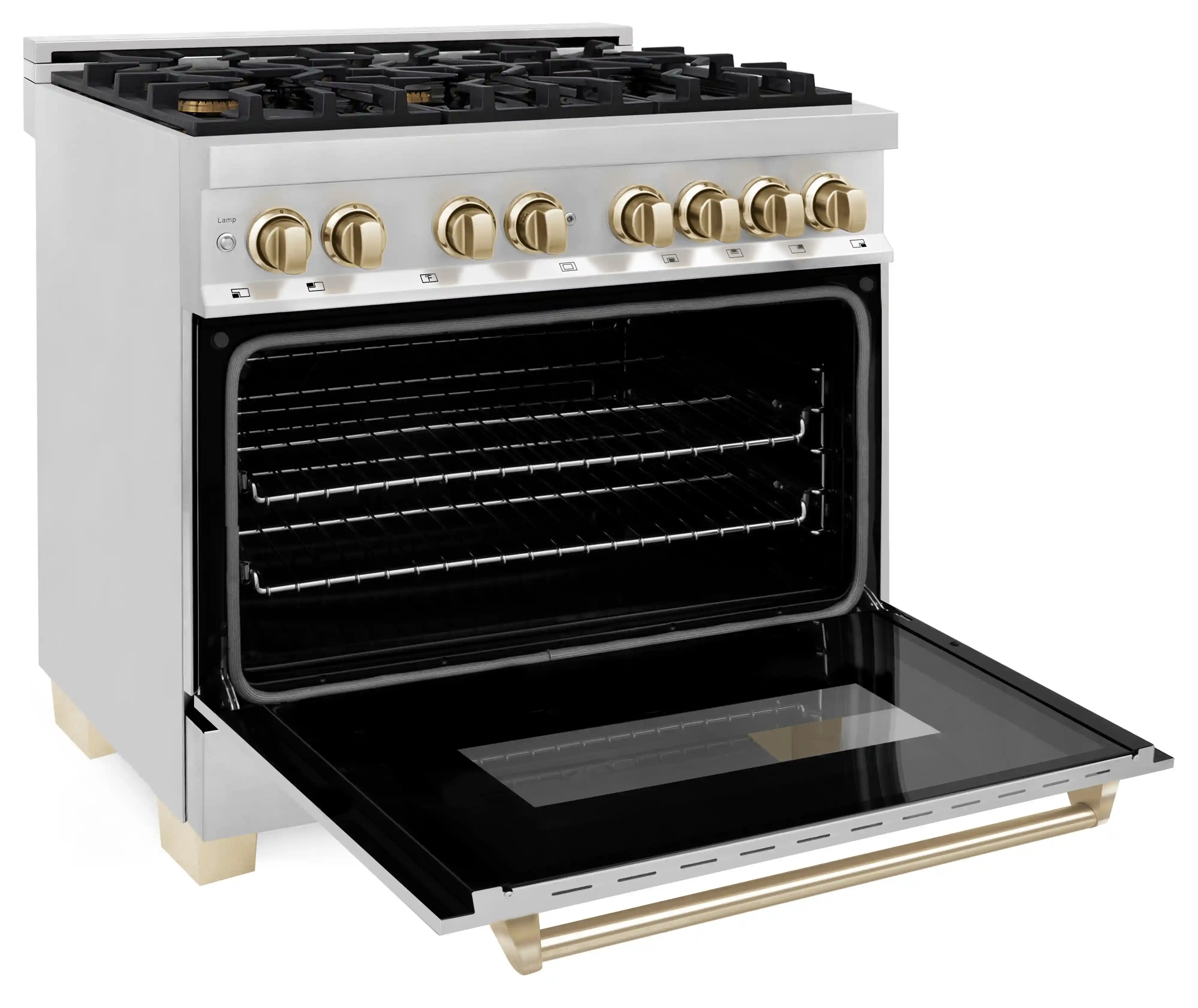 ZLINE 5-Piece Appliance Package - 36-Inch Legacy Autograph Dual Fuel Range, Wall Mount Range Hood, 36-Inch French Door Refrigerator, Dishwasher, and 30-Inch Microwave Drawer in Stainless Steel with Gold Accents - Image 10