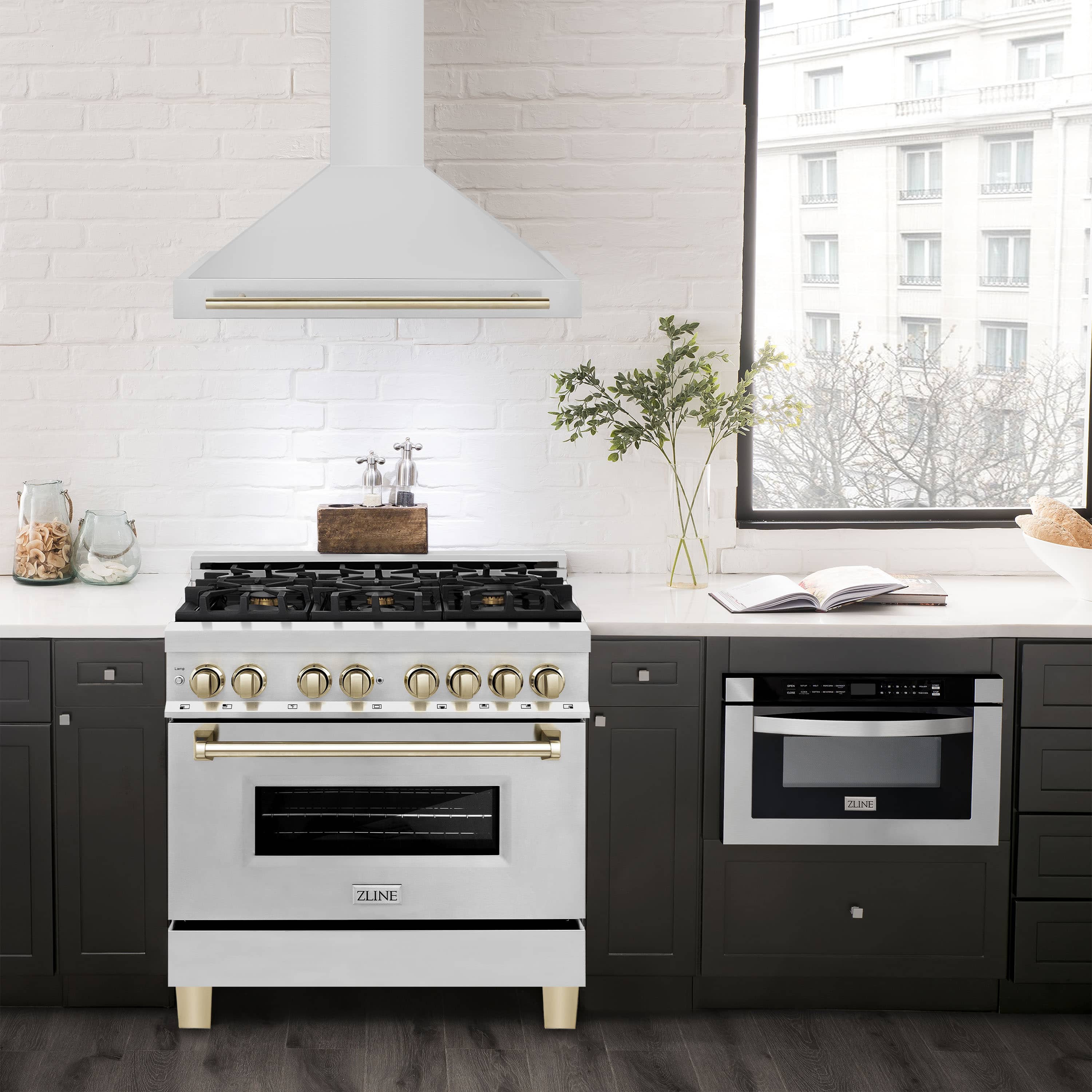 ZLINE 5-Piece Appliance Package - 36-Inch Legacy Autograph Dual Fuel Range, Wall Mount Range Hood, 36-Inch French Door Refrigerator, Dishwasher, and 30-Inch Microwave Drawer in Stainless Steel with Gold Accents - Image 22