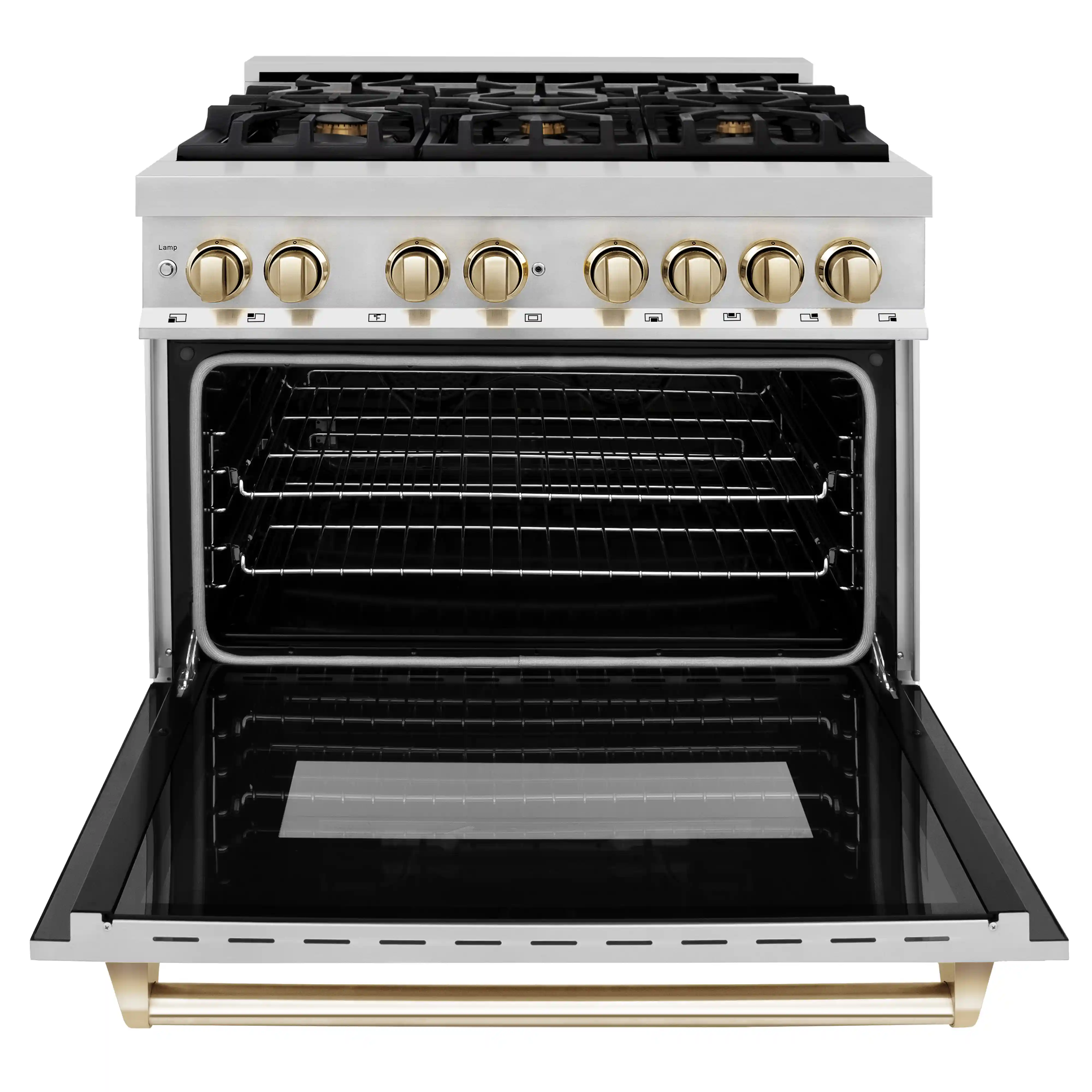 ZLINE 5-Piece Appliance Package - 36-Inch Legacy Autograph Dual Fuel Range, Wall Mount Range Hood, 36-Inch French Door Refrigerator, Dishwasher, and 30-Inch Microwave Drawer in Stainless Steel with Gold Accents - Image 7
