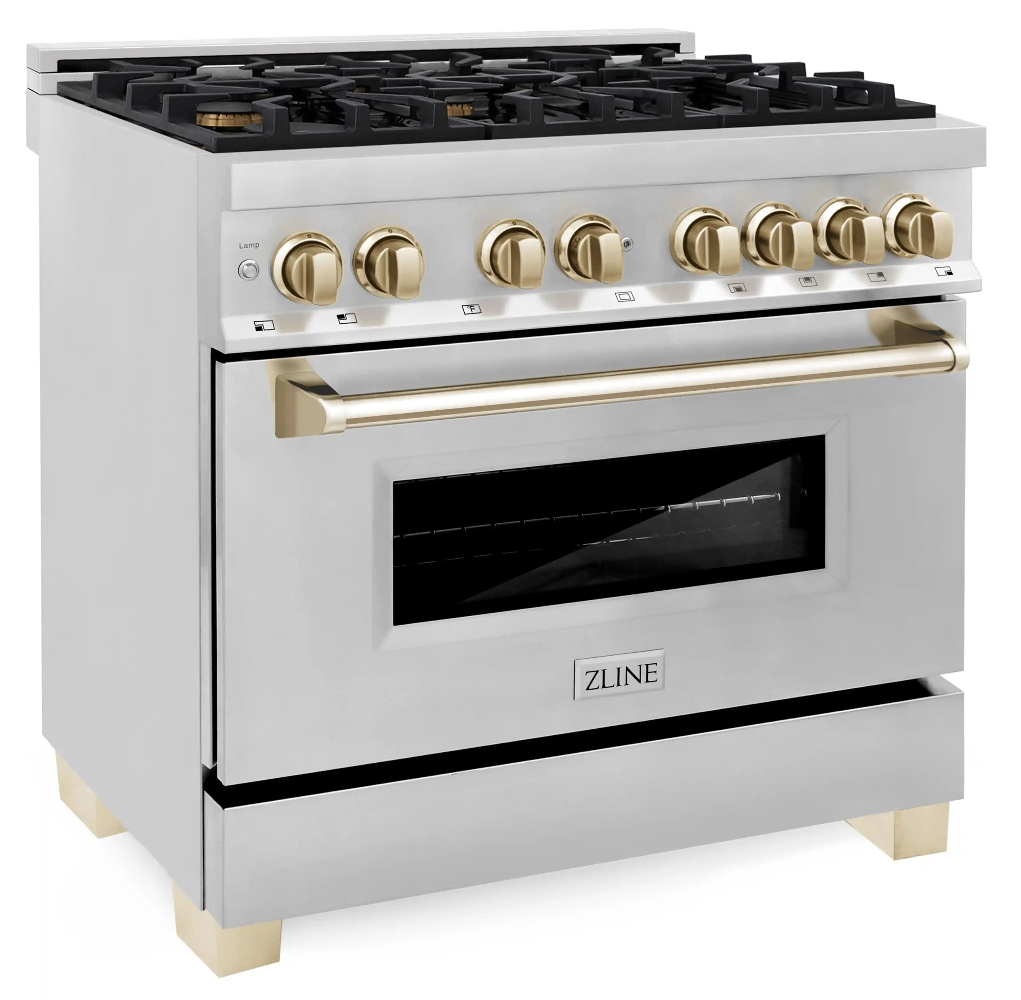 ZLINE 5-Piece Appliance Package - 36-Inch Legacy Autograph Dual Fuel Range, Wall Mount Range Hood, 36-Inch French Door Refrigerator, Dishwasher, and 30-Inch Microwave Drawer in Stainless Steel with Gold Accents - Image 8